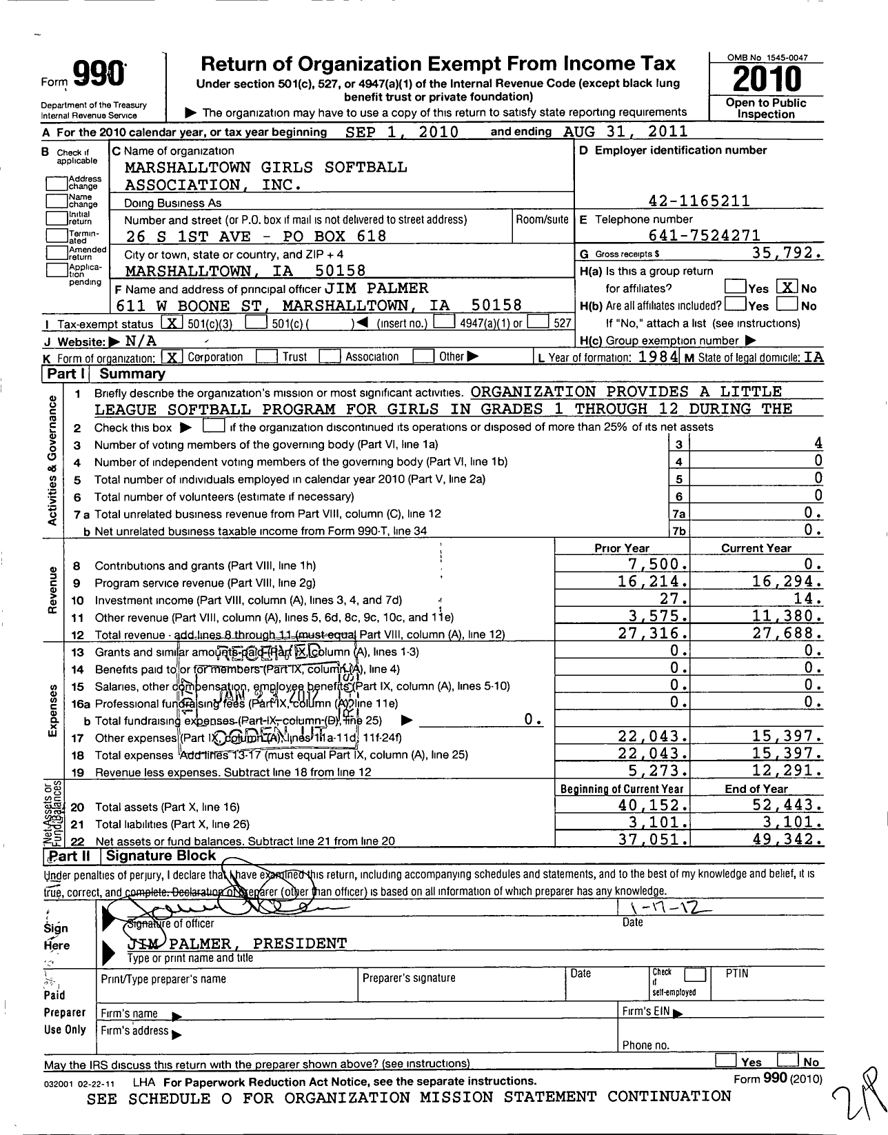 Image of first page of 2010 Form 990 for Marshalltown Girls Softball Association - MGS