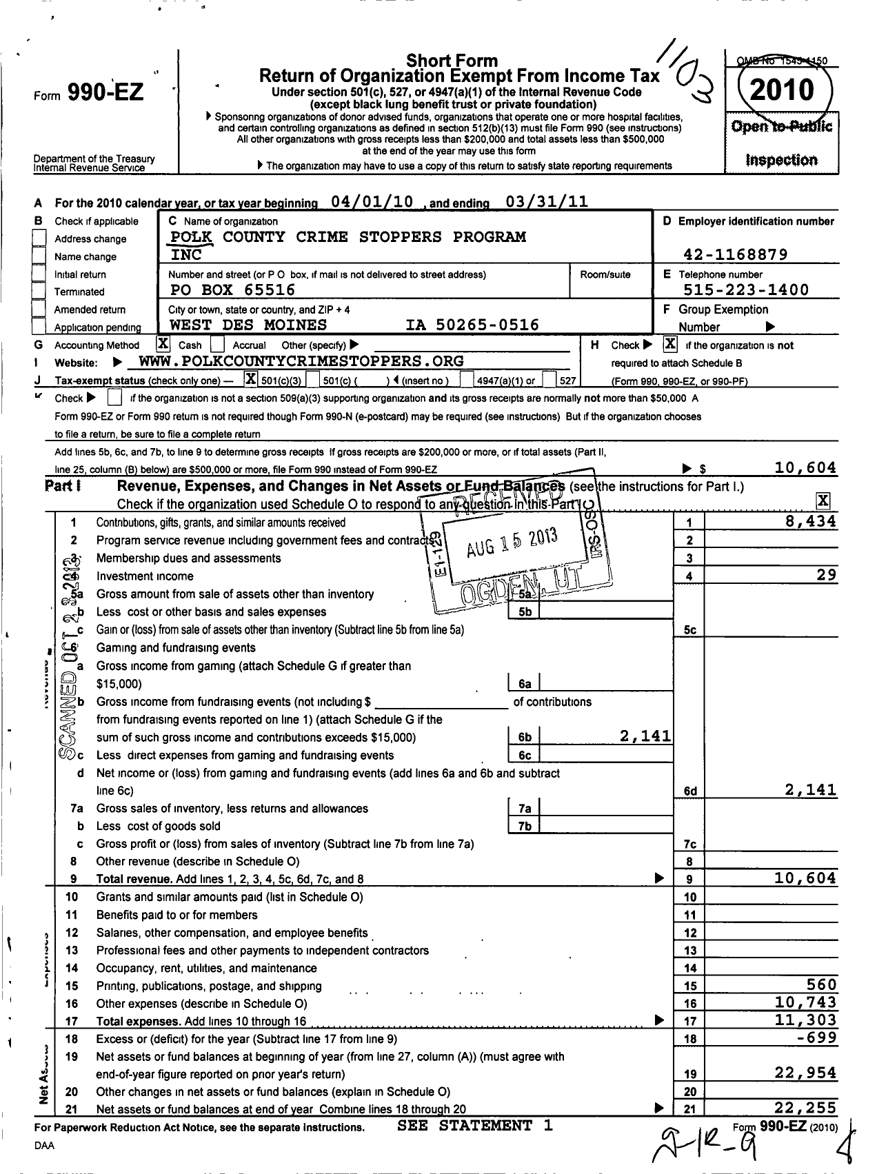 Image of first page of 2010 Form 990EZ for Polk County Crime Stoppers Program