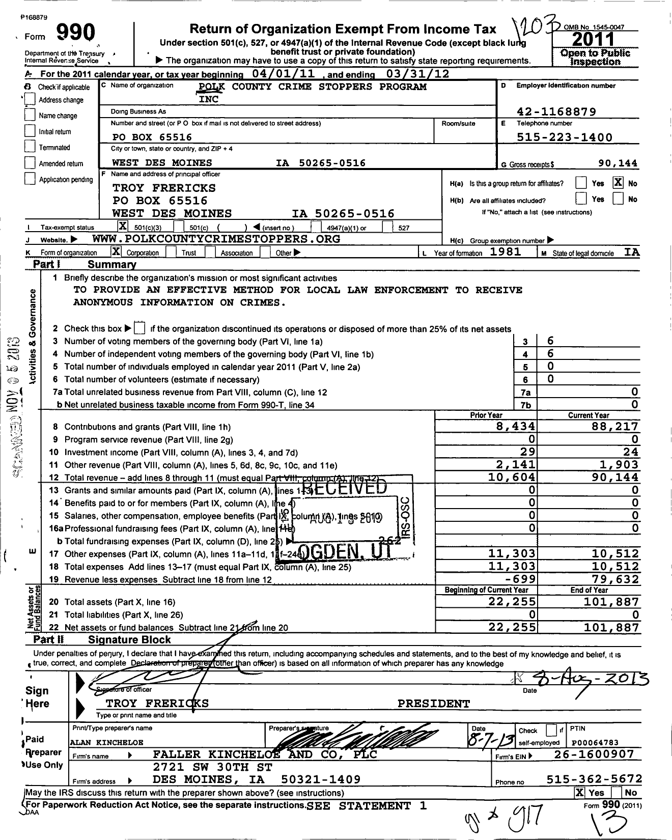 Image of first page of 2011 Form 990 for Polk County Crime Stoppers Program