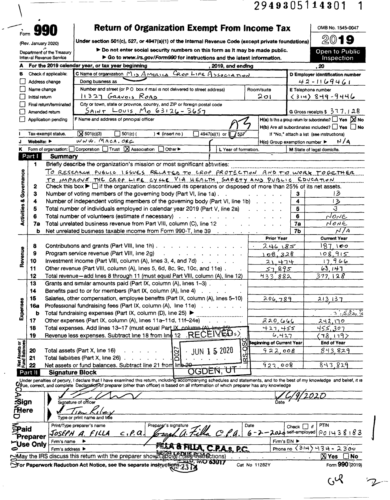 Image of first page of 2019 Form 990 for Mid America Crop Life Association