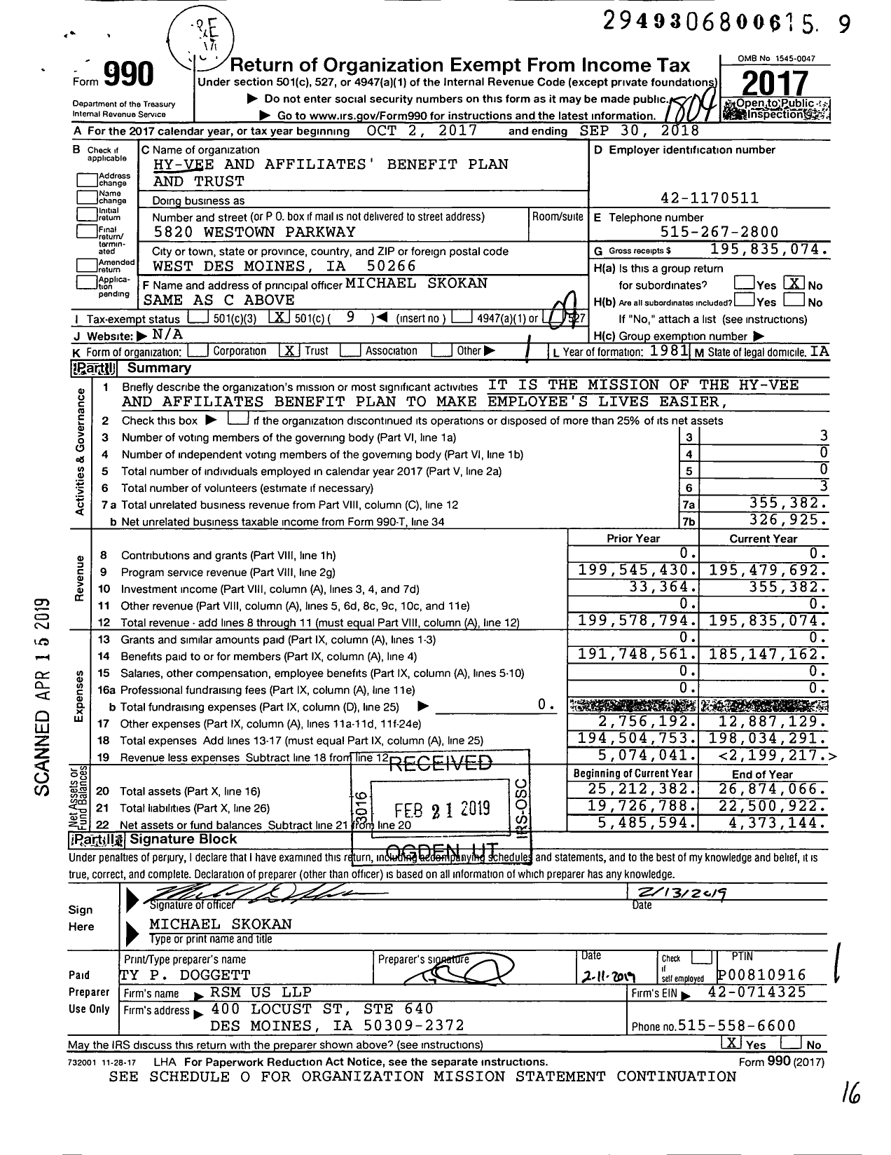 Image of first page of 2017 Form 990O for Hy-Vee Benefit Plan and Trust