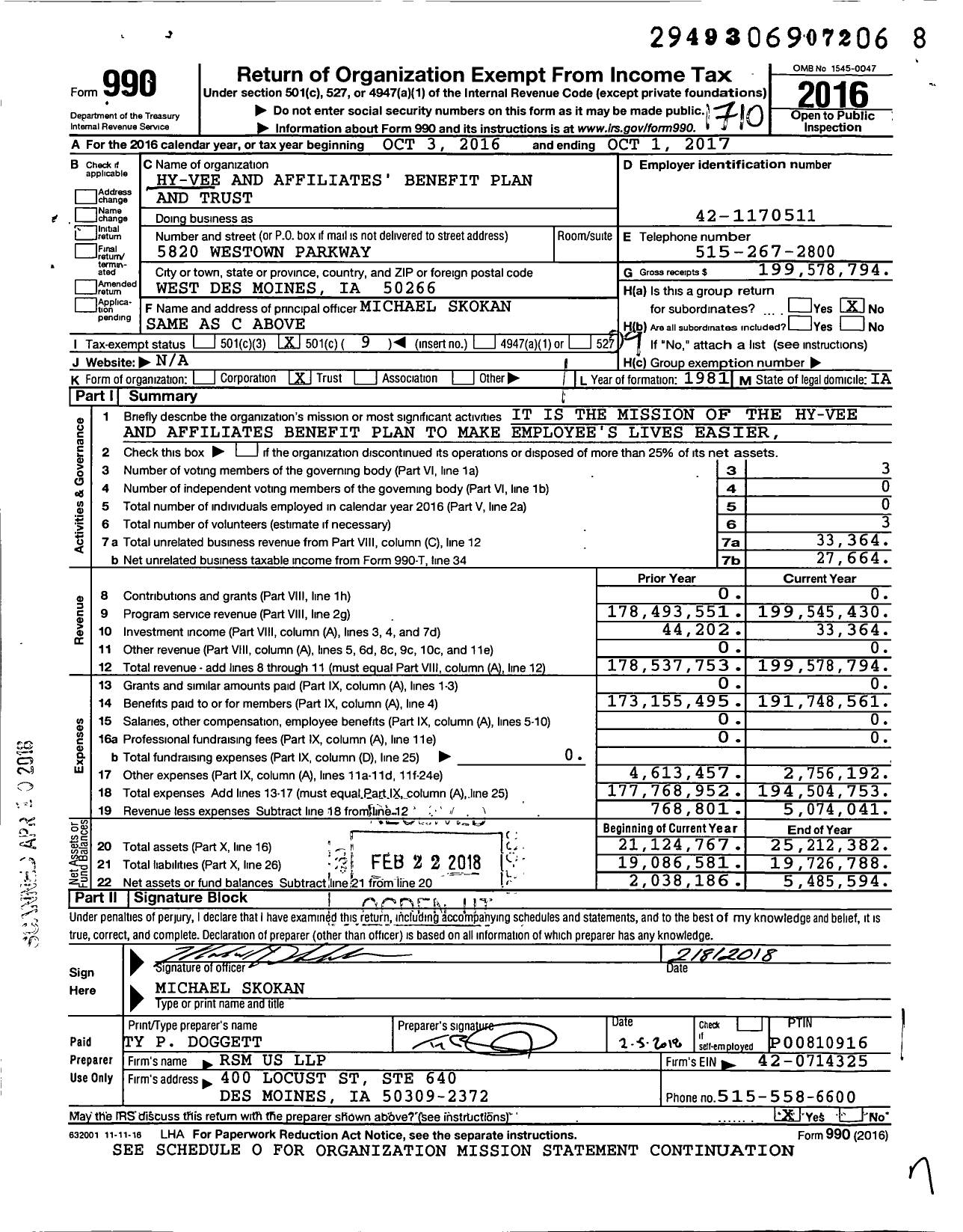 Image of first page of 2016 Form 990O for Hy-Vee Benefit Plan and Trust