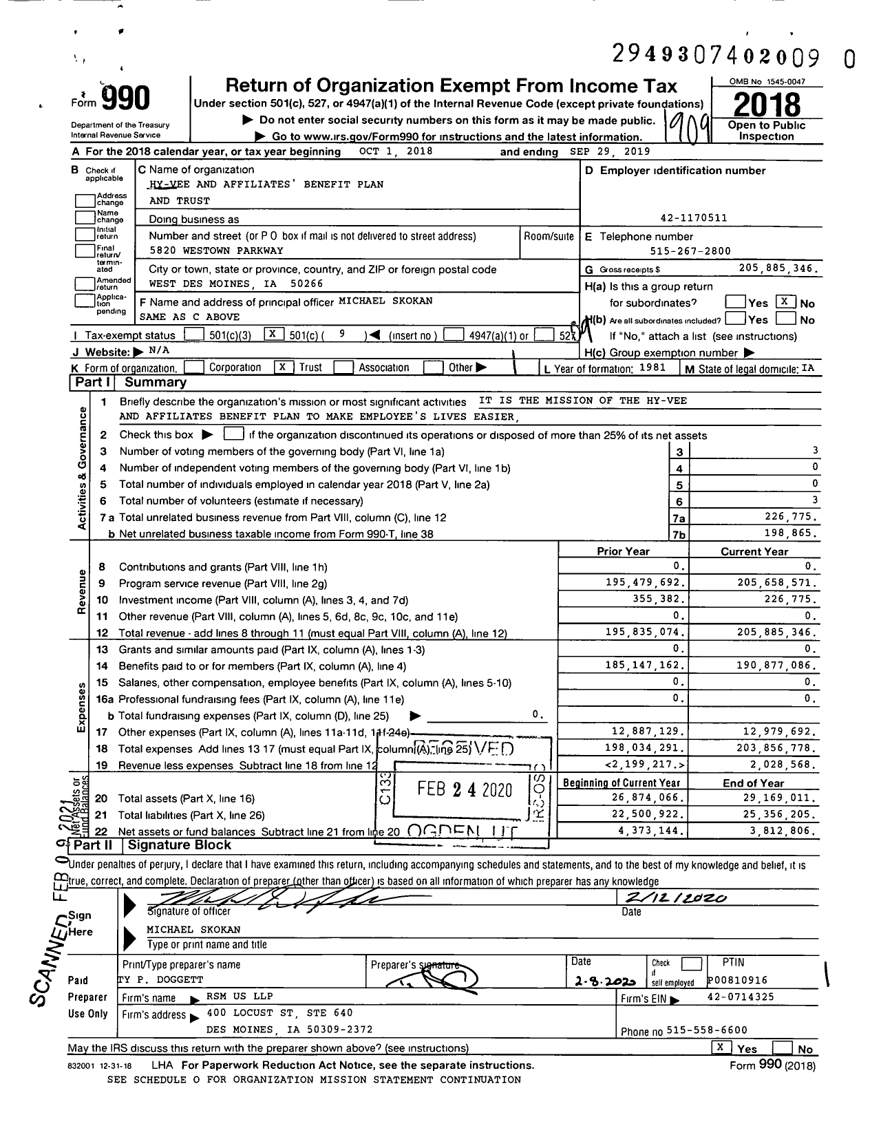 Image of first page of 2018 Form 990O for Hy-Vee Benefit Plan and Trust