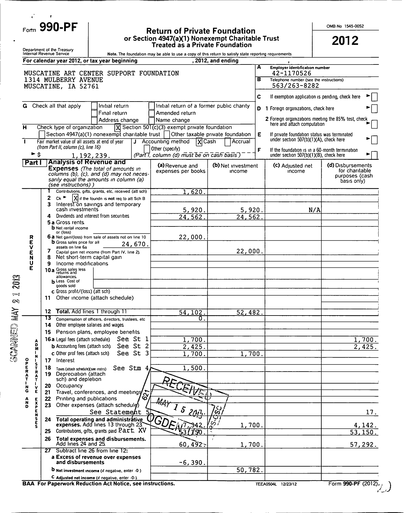 Image of first page of 2012 Form 990PF for Muscatine Art Center Support Foundation