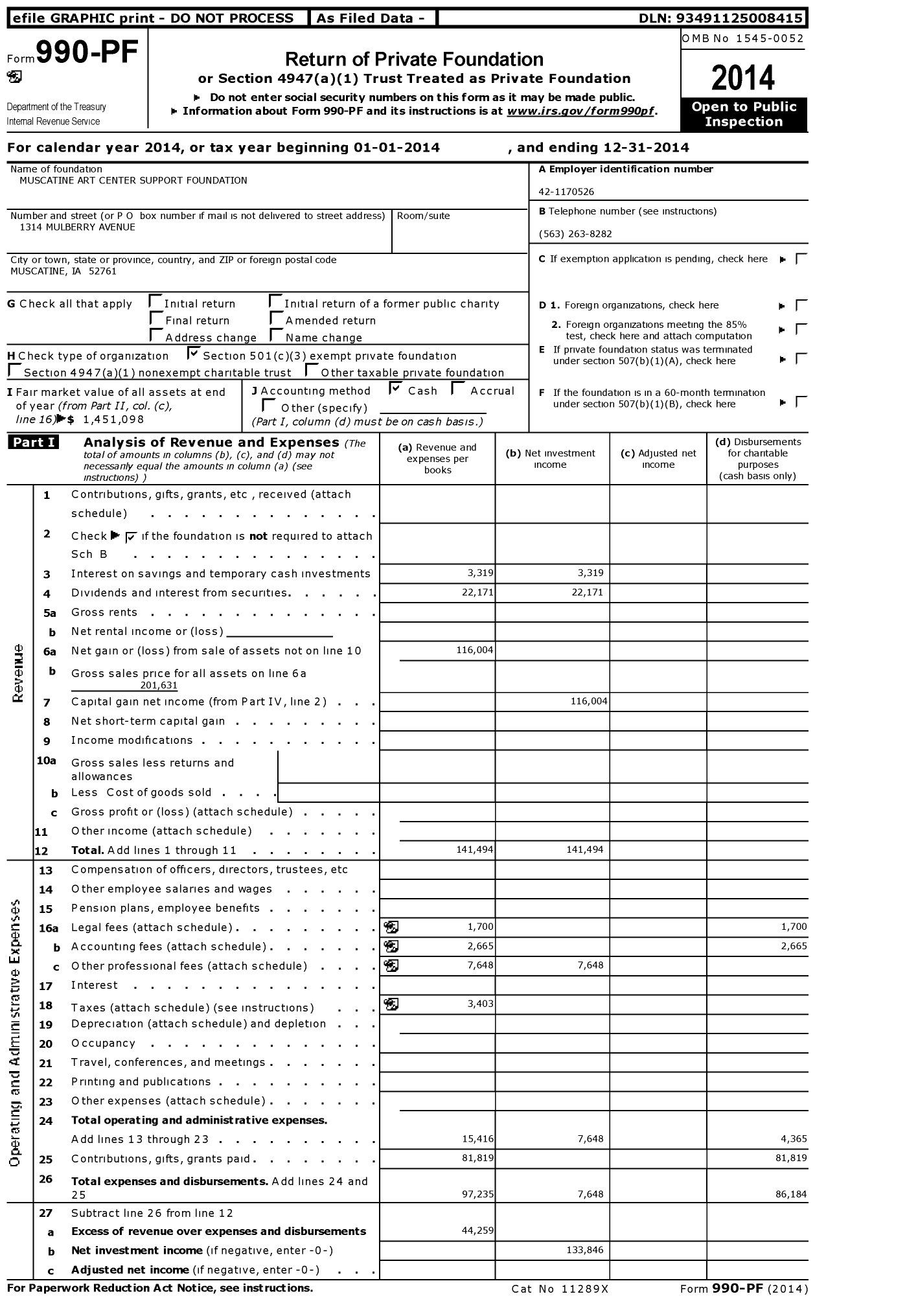 Image of first page of 2014 Form 990PF for Muscatine Art Center Support Foundation