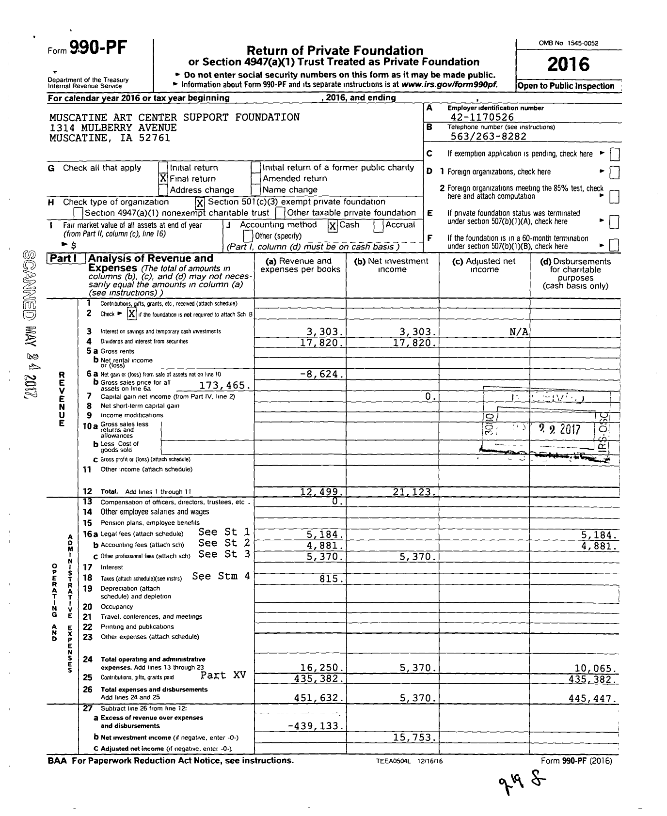 Image of first page of 2016 Form 990PF for Muscatine Art Center Support Foundation