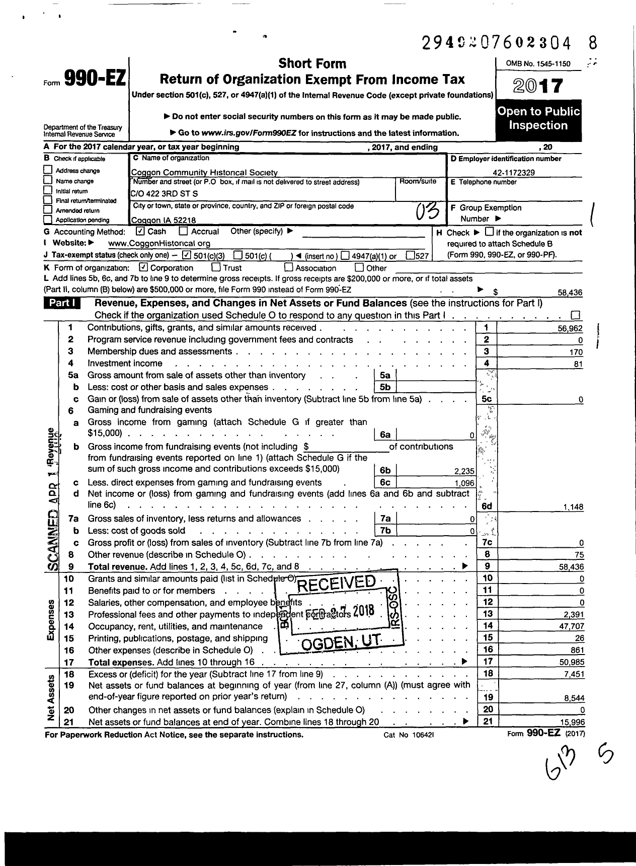 Image of first page of 2017 Form 990EZ for Coggon Community Historical