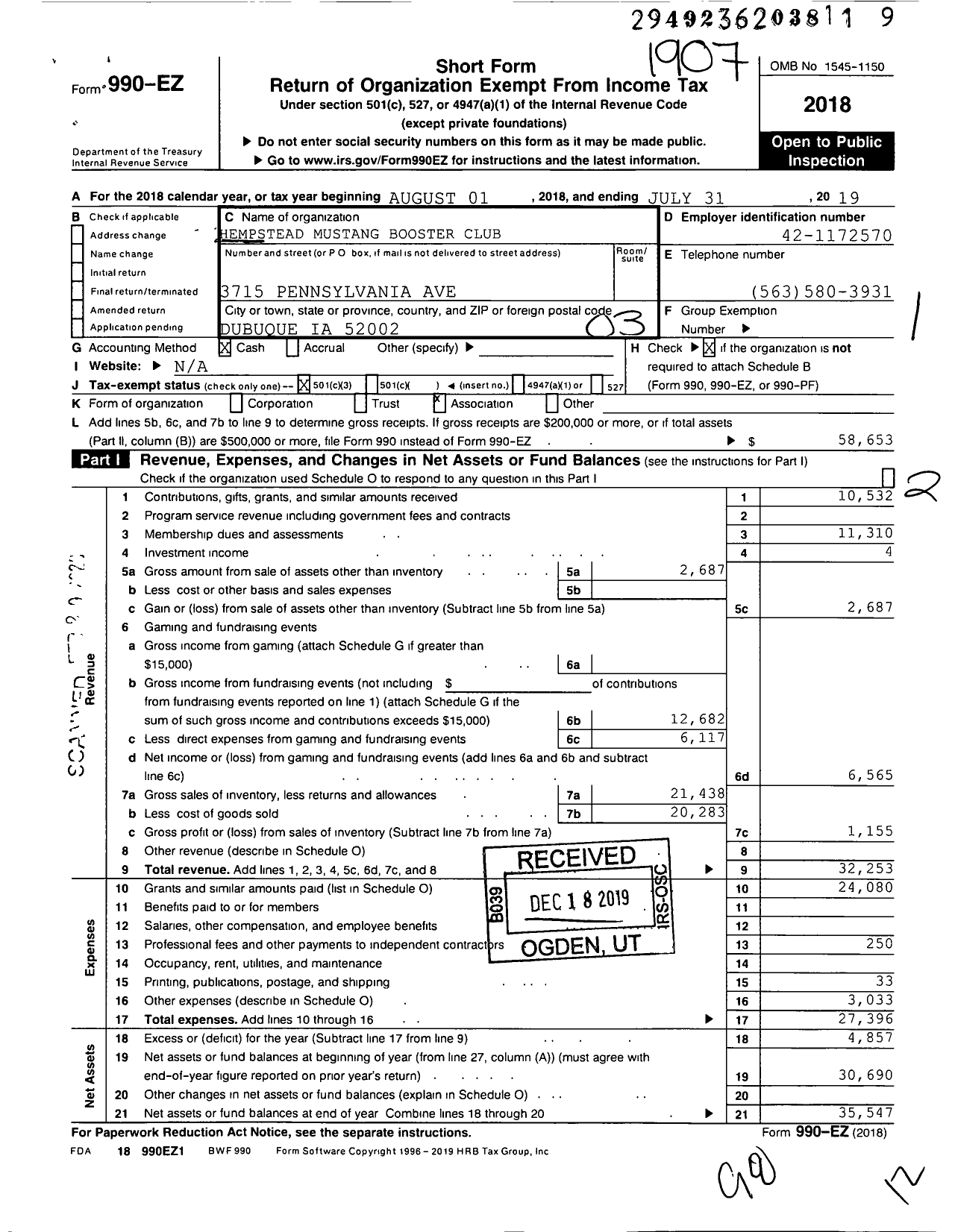 Image of first page of 2018 Form 990EZ for Hempstead Mustang Boosters Club