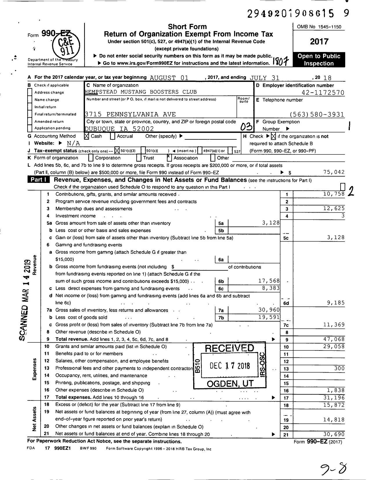 Image of first page of 2017 Form 990EZ for Hempstead Mustang Boosters Club