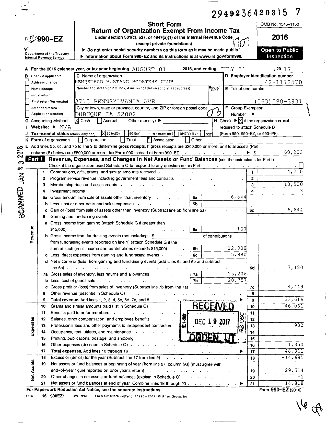 Image of first page of 2016 Form 990EZ for Hempstead Mustang Boosters Club