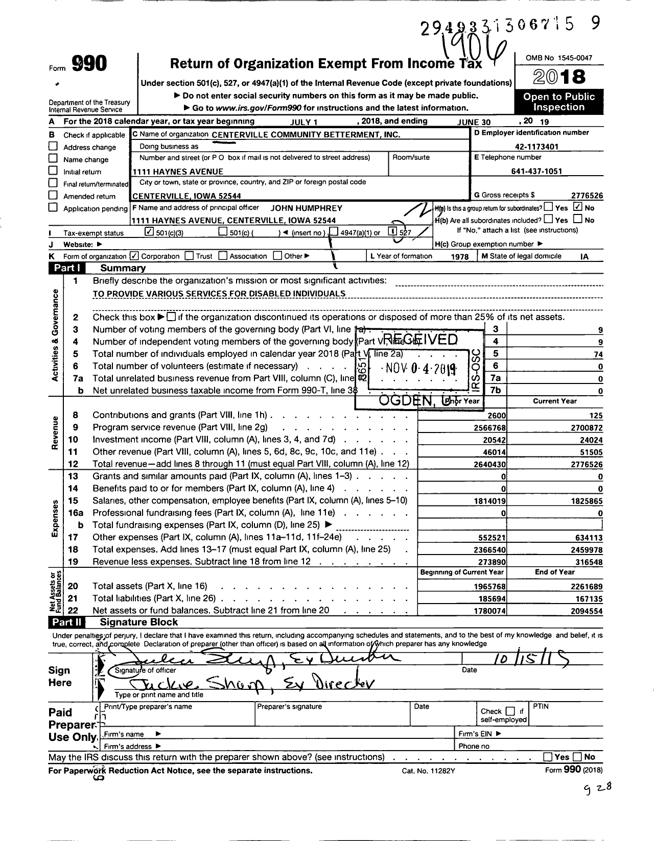 Image of first page of 2018 Form 990 for Centerville Community Betterment