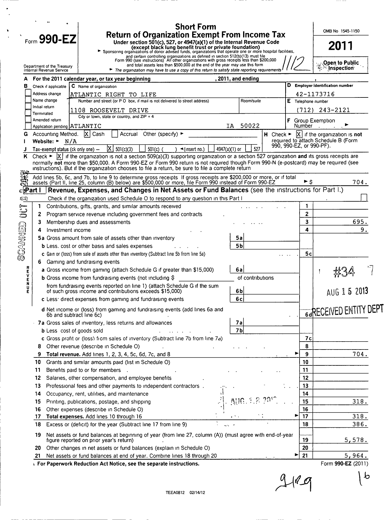 Image of first page of 2011 Form 990EZ for Atlantic Right To Life