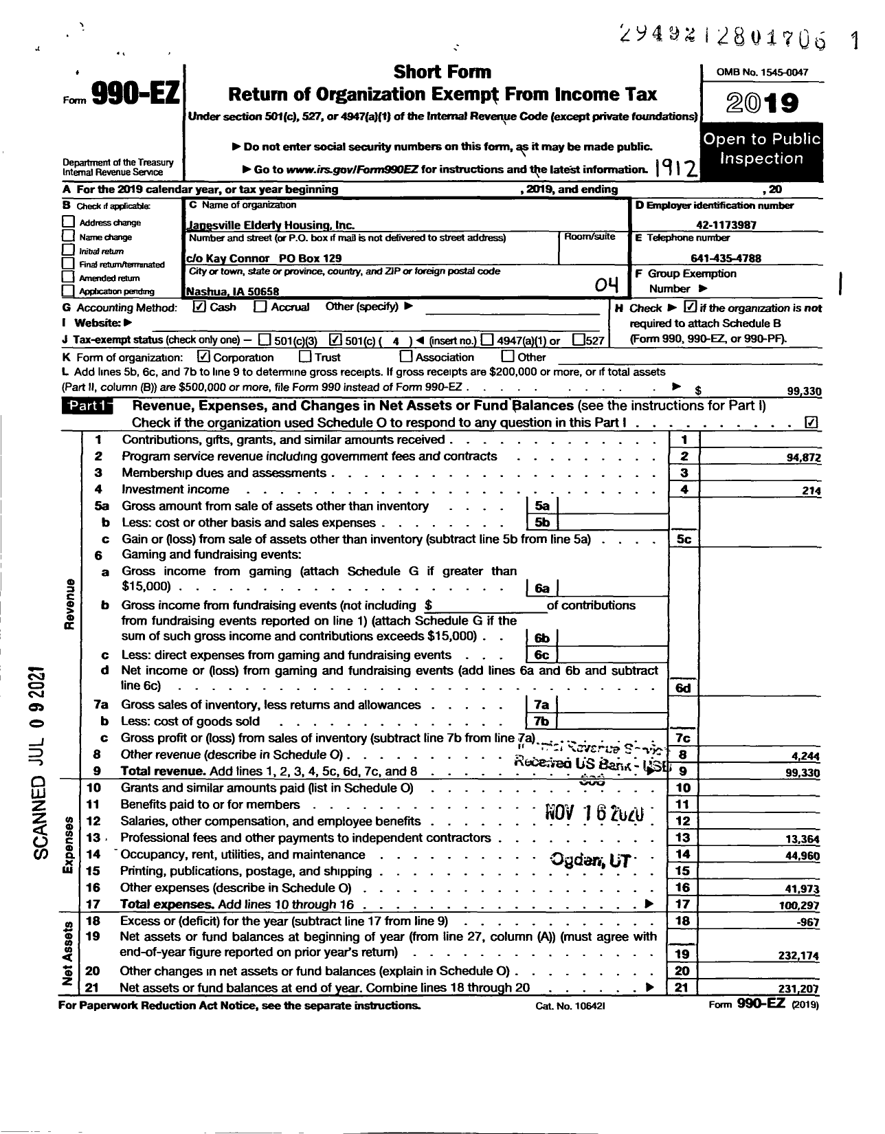 Image of first page of 2019 Form 990EO for Janesville Elderly Housing