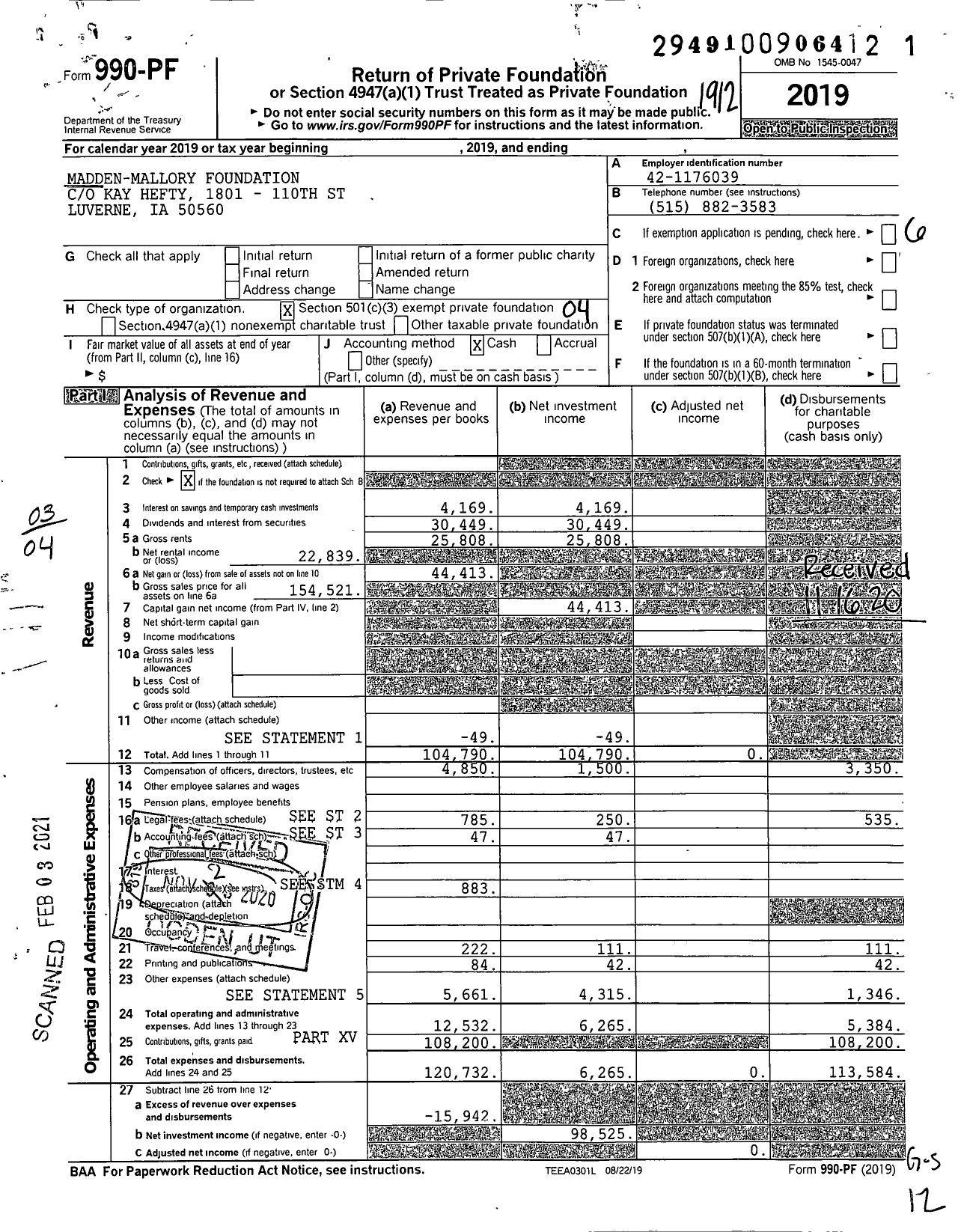 Image of first page of 2019 Form 990PF for Madden-Mallory Foundation