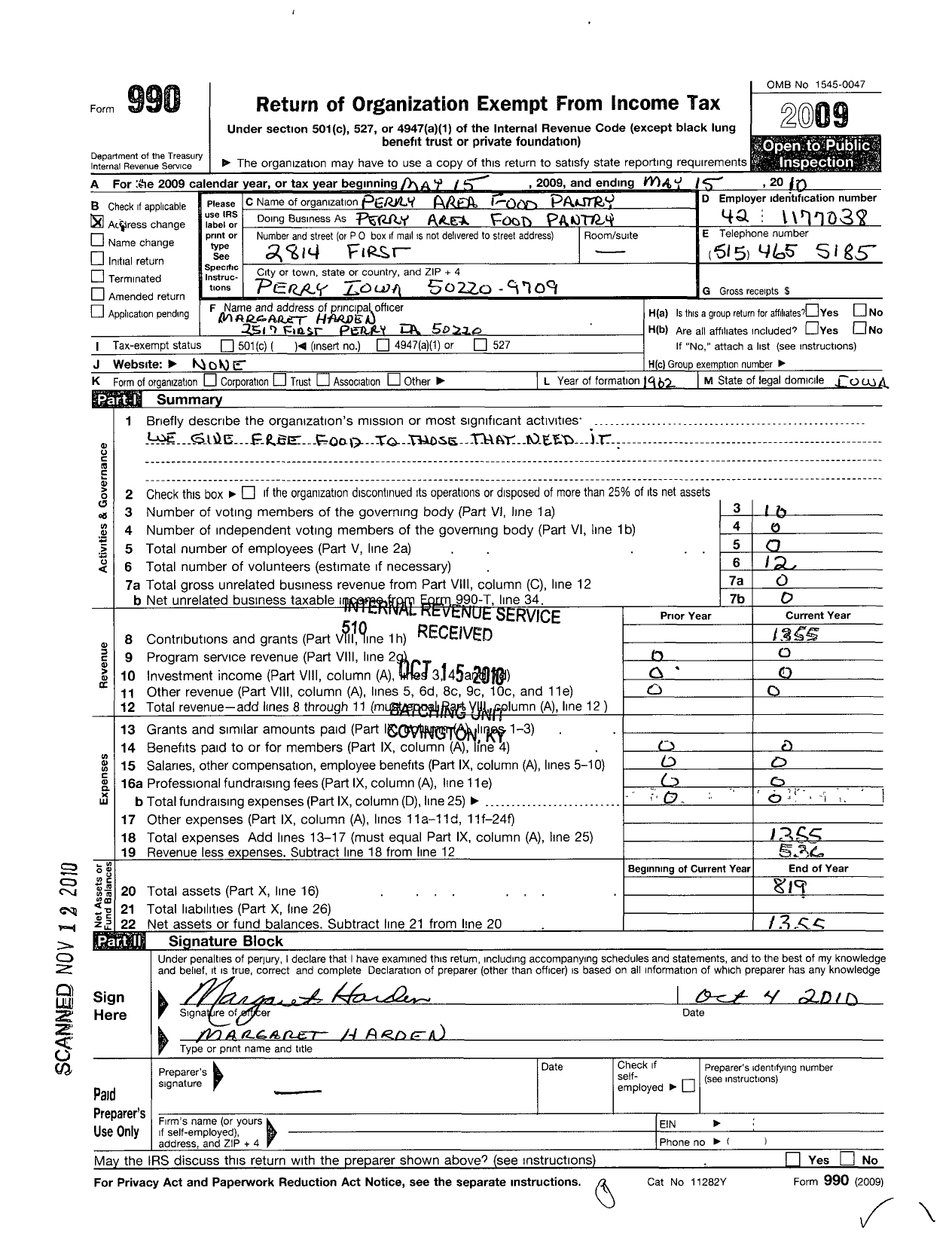 Image of first page of 2009 Form 990O for Perry Area Emergency Food Council