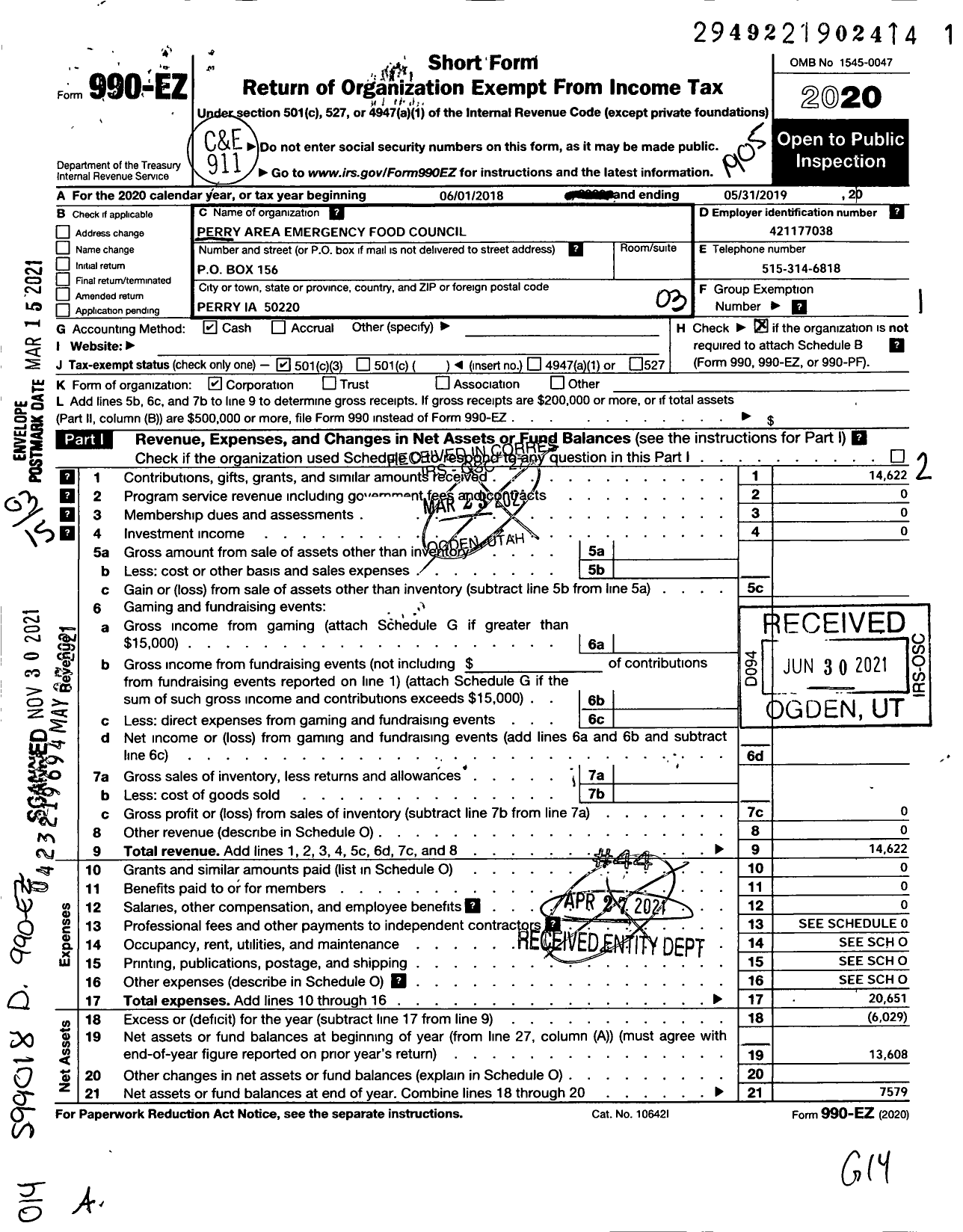 Image of first page of 2018 Form 990EZ for Perry Area Emergency Food Council