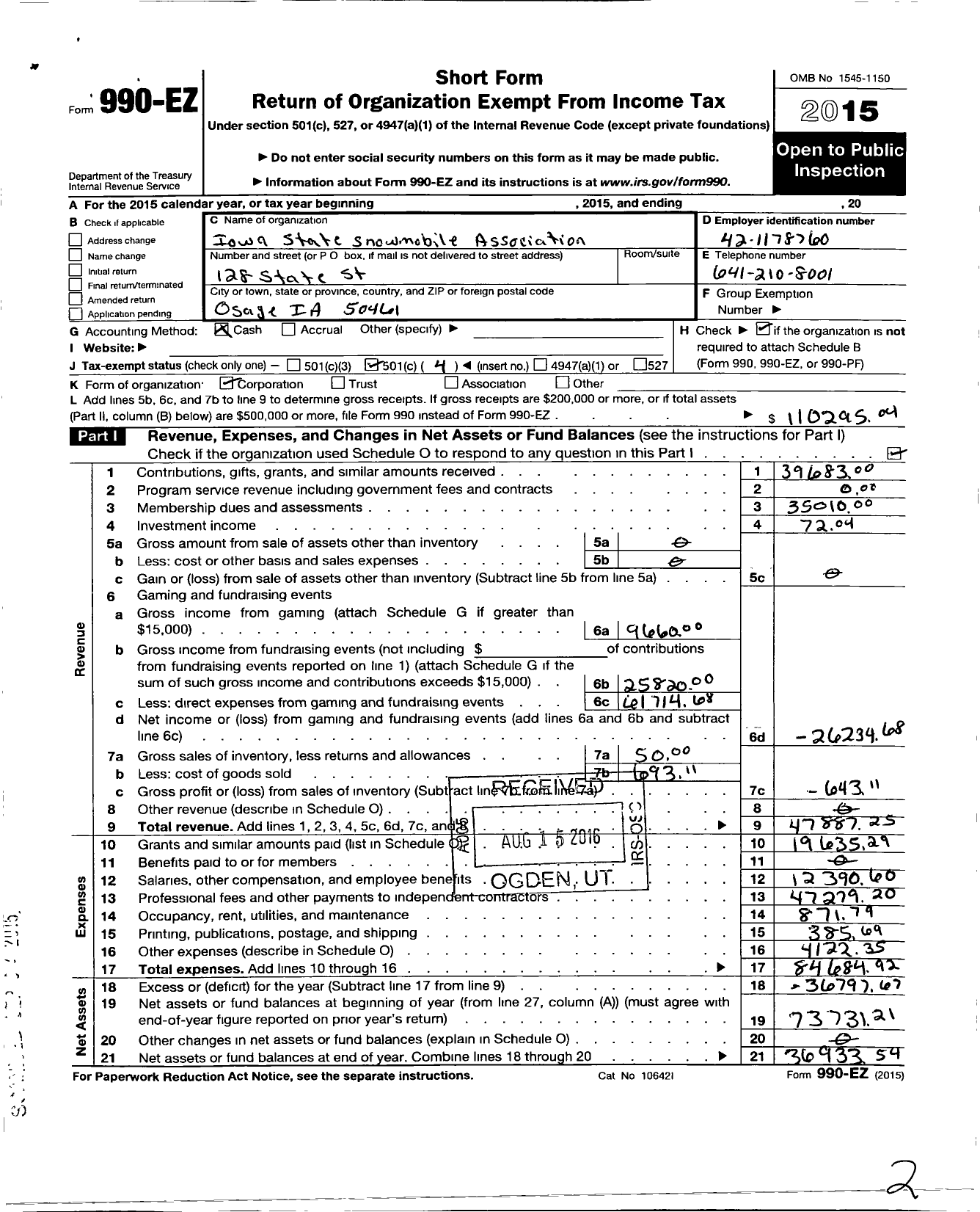 Image of first page of 2015 Form 990EO for Iowa State Snowmobile Association