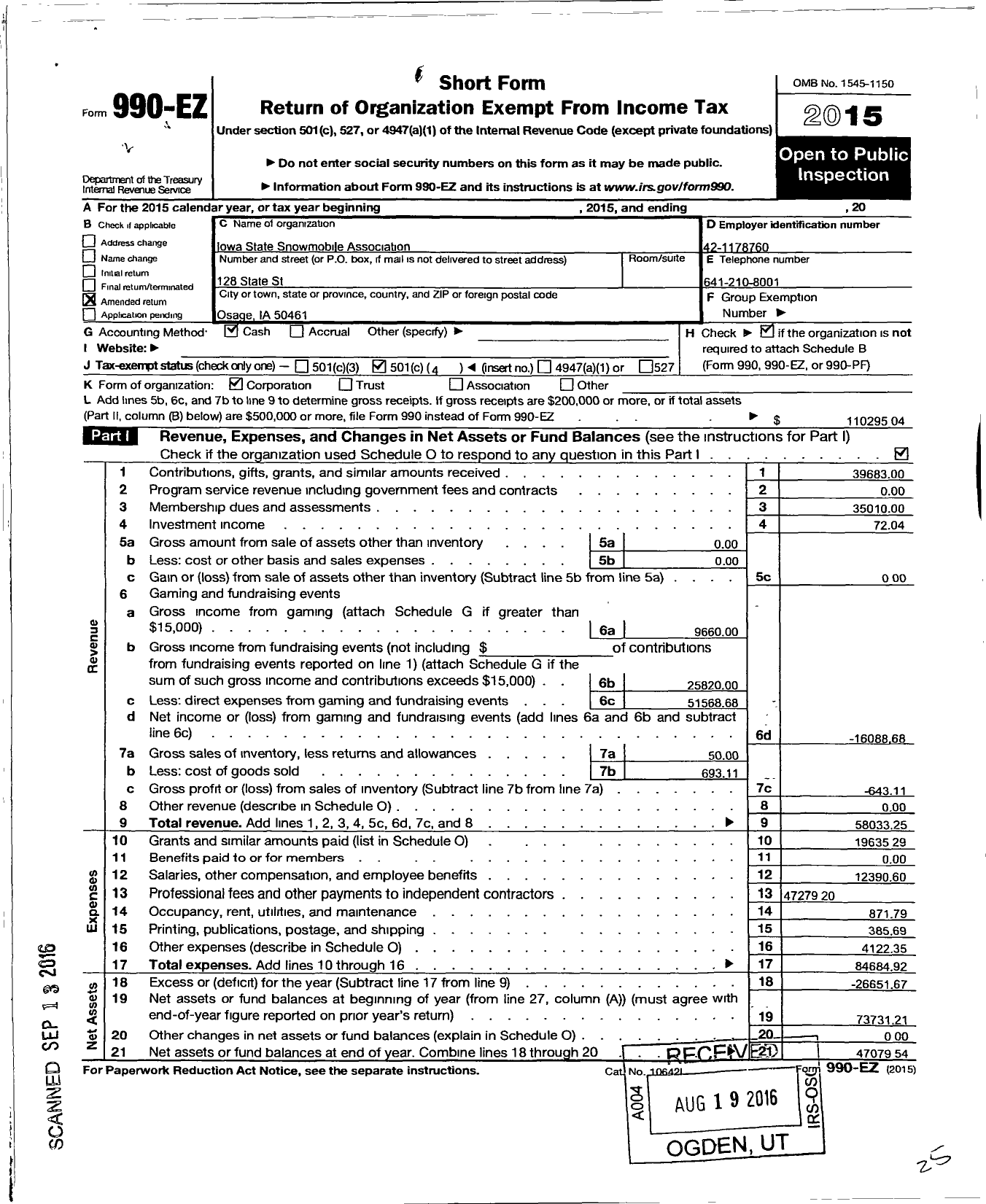 Image of first page of 2015 Form 990EO for Iowa State Snowmobile Association