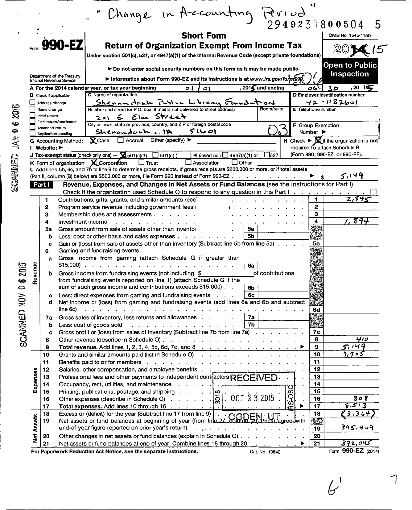 Image of first page of 2014 Form 990EZ for Shenandoah Public Library Foundation