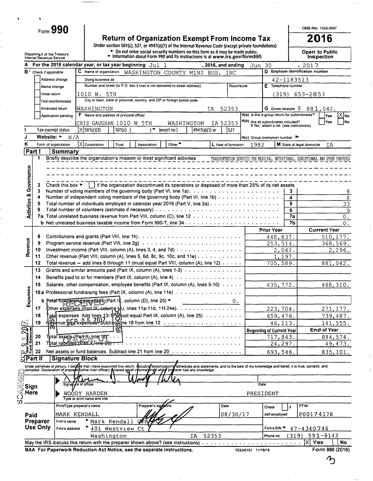 Image of first page of 2016 Form 990 for Washington County Mini Bus