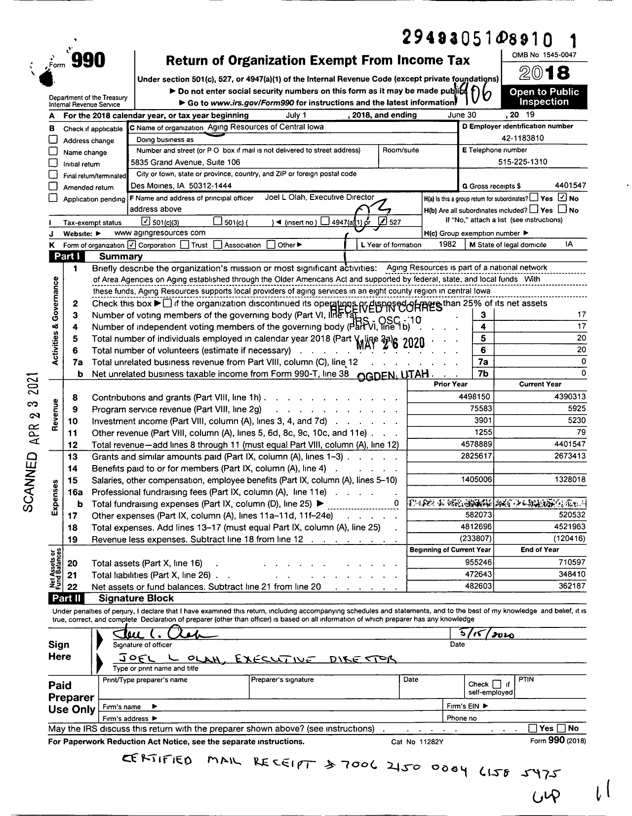 Image of first page of 2018 Form 990 for Aging Resources of Central Iowa