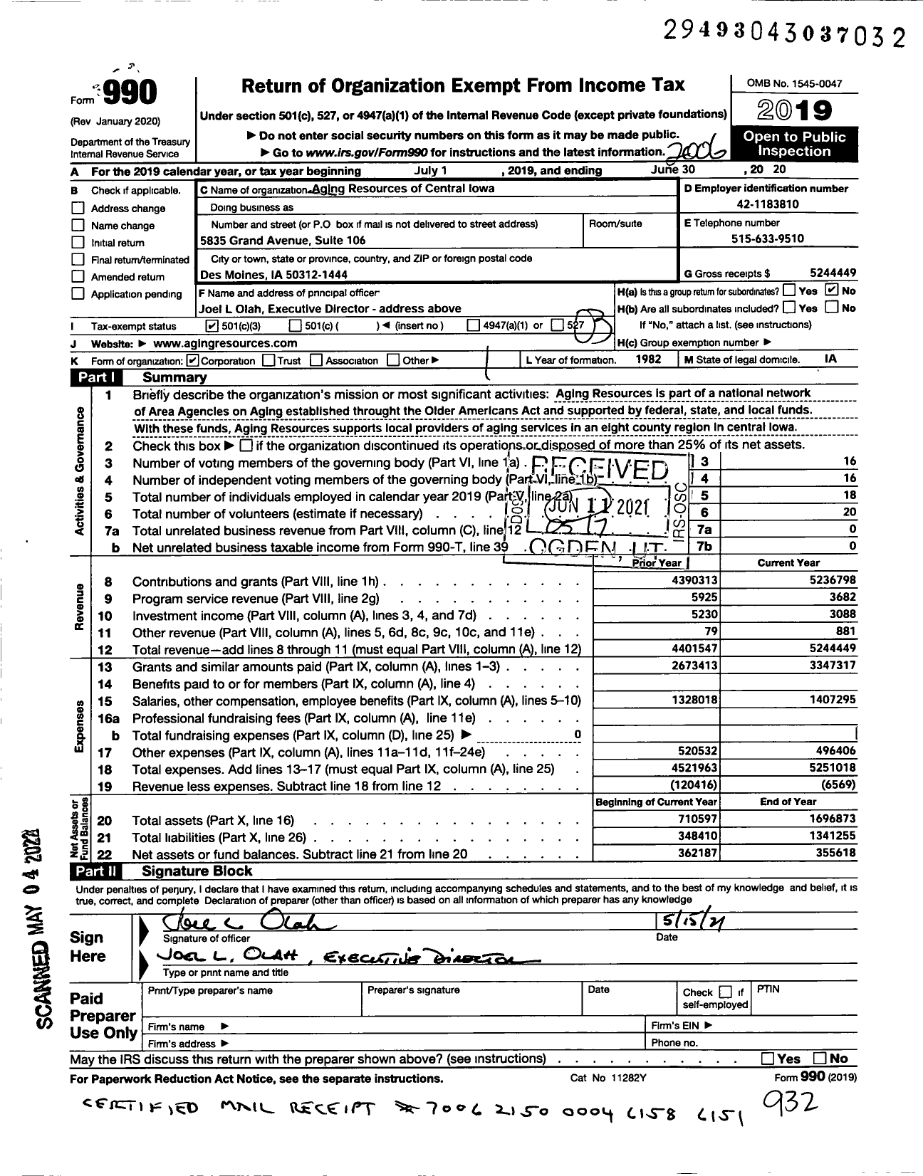 Image of first page of 2019 Form 990 for Aging Resources of Central Iowa