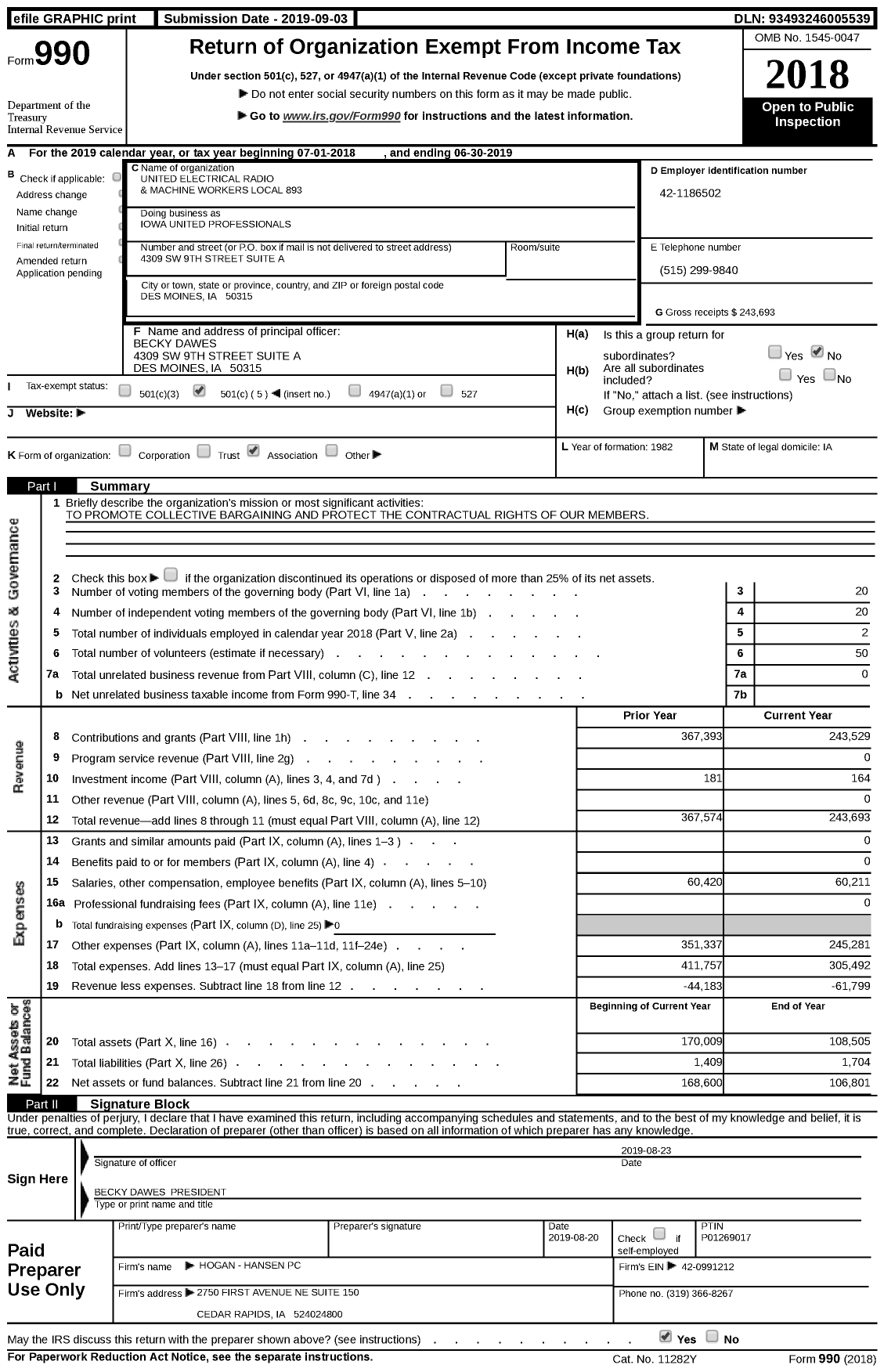 Image of first page of 2018 Form 990 for United Electrical Radio and Machine Workers of America - 893 Ue Local