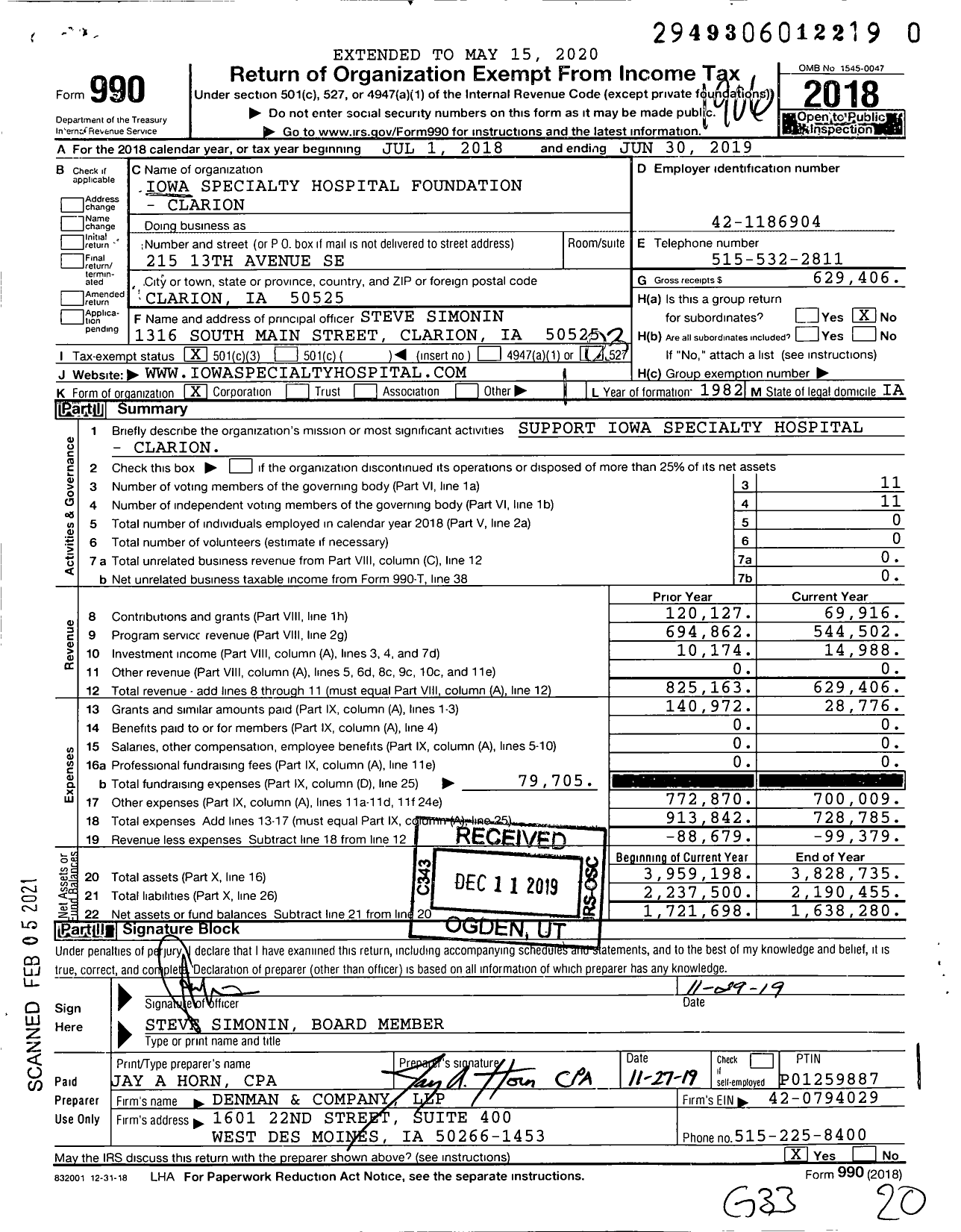 Image of first page of 2018 Form 990 for Iowa Specialty Hospital Foundation - Clarion