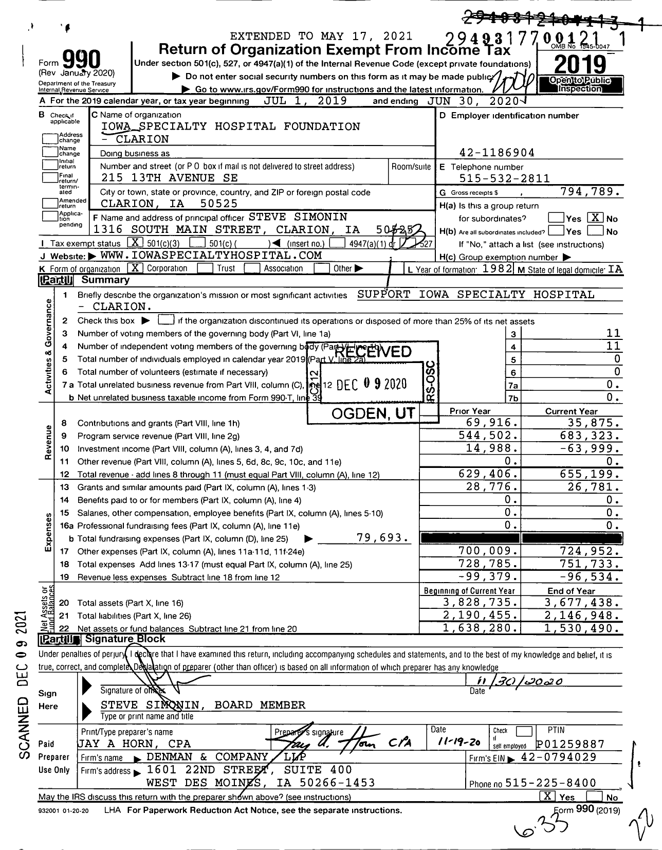 Image of first page of 2019 Form 990 for Iowa Specialty Hospital Foundation - Clarion