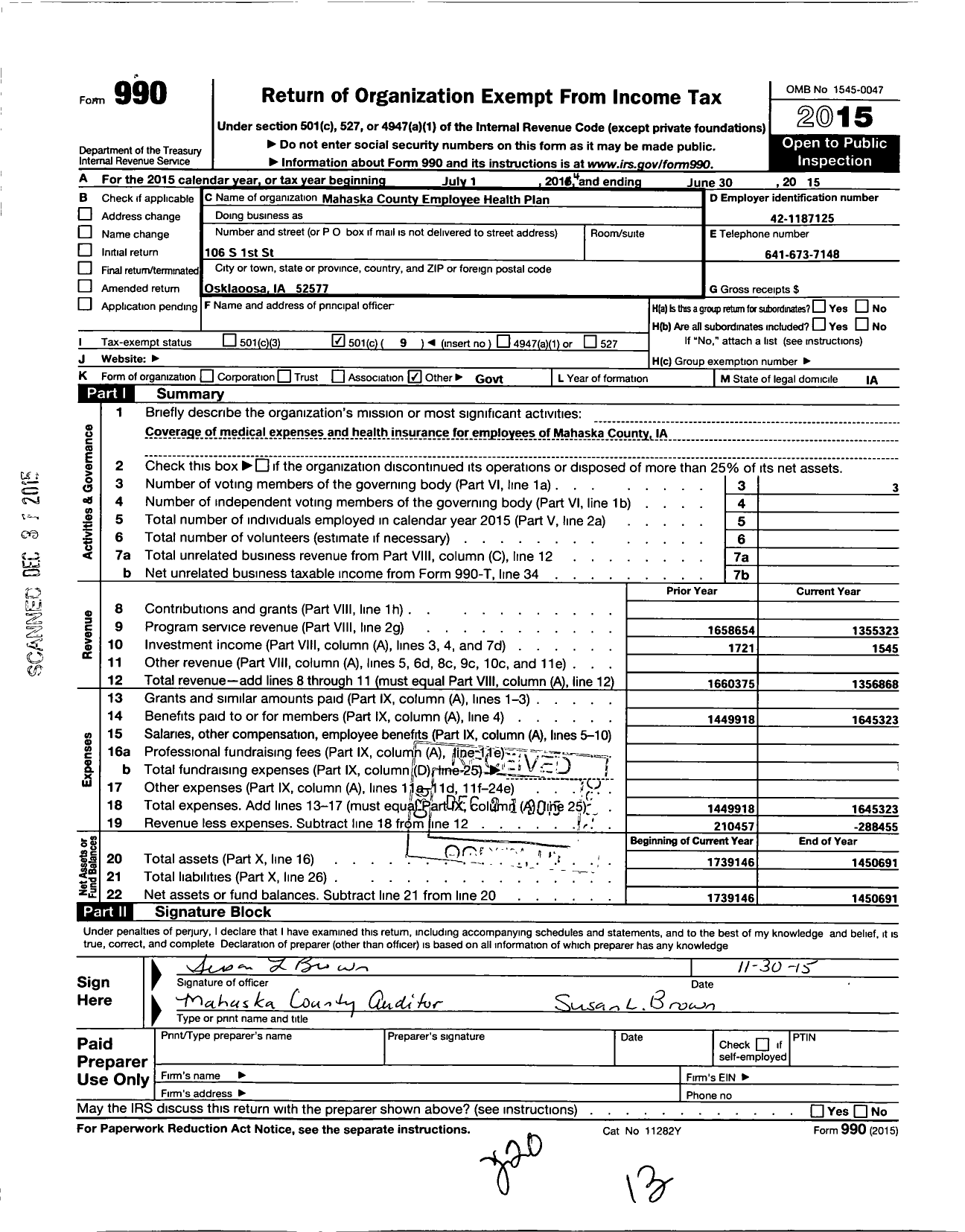 Image of first page of 2014 Form 990O for Mahaska County Employee Health Plan