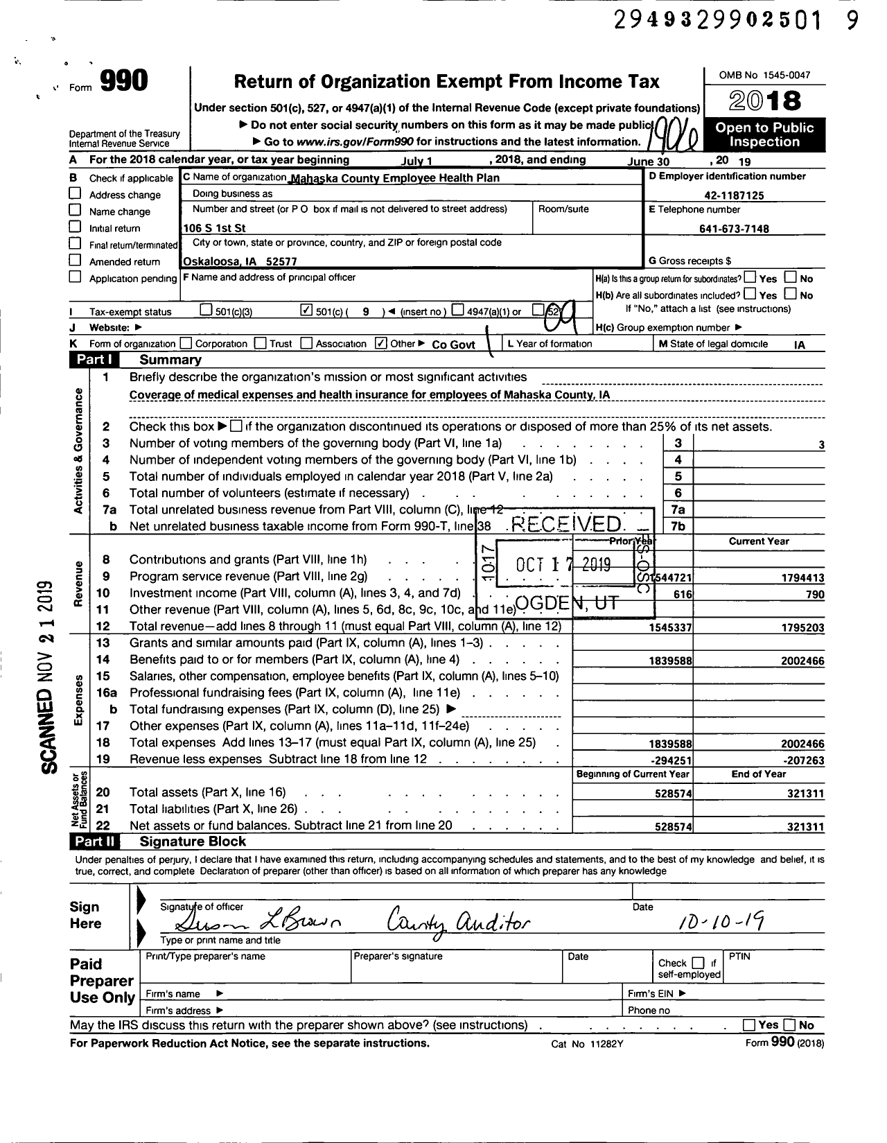 Image of first page of 2018 Form 990O for Mahaska County Employee Health Plan