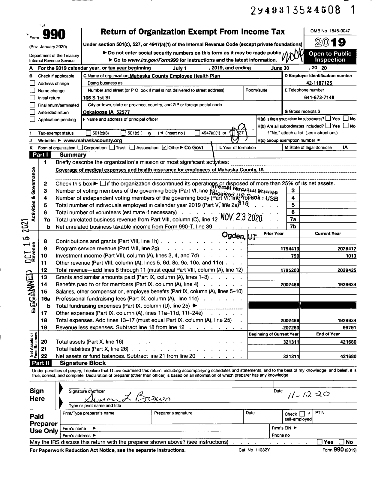 Image of first page of 2019 Form 990O for Mahaska County Employee Health Plan