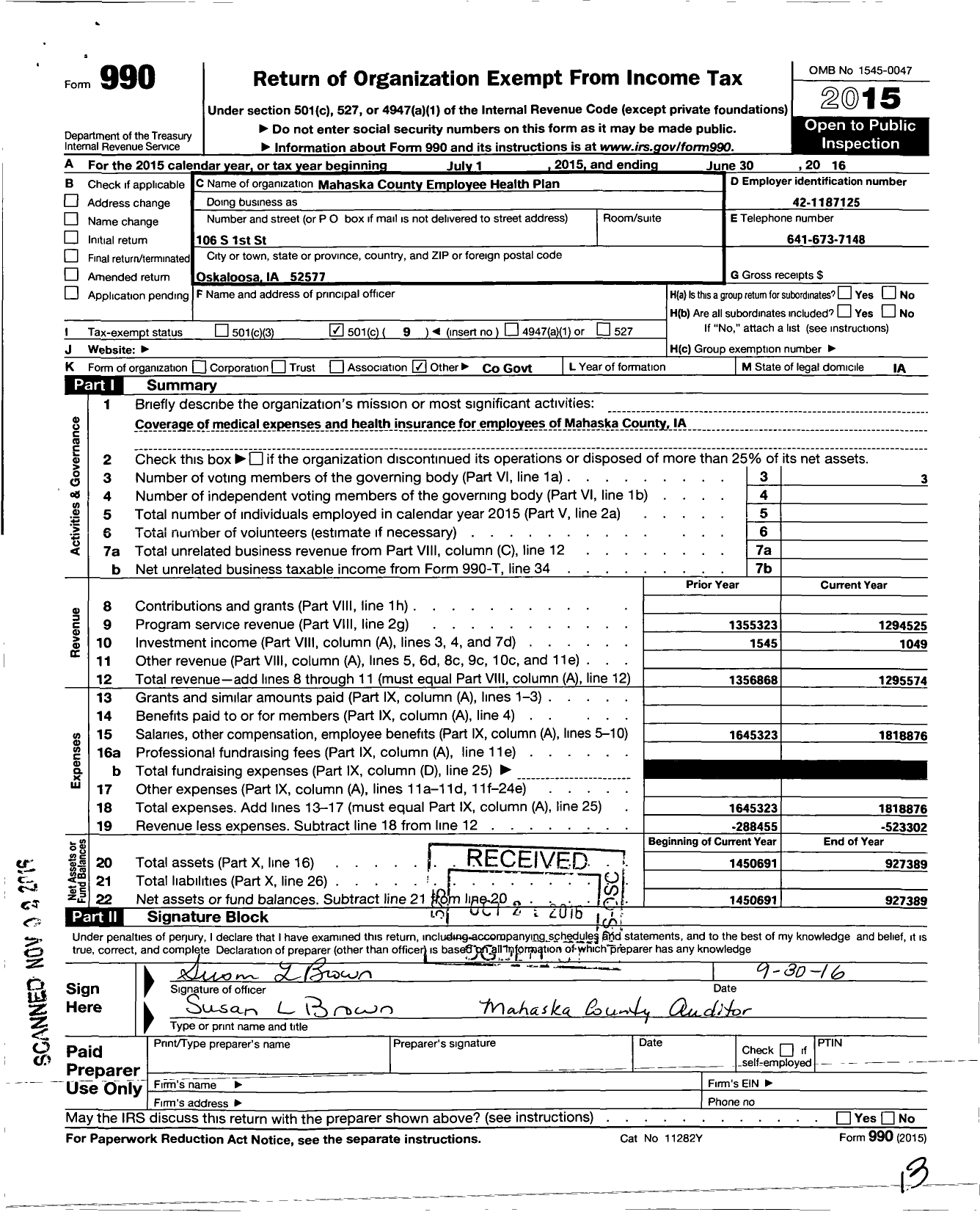 Image of first page of 2015 Form 990O for Mahaska County Employee Health Plan