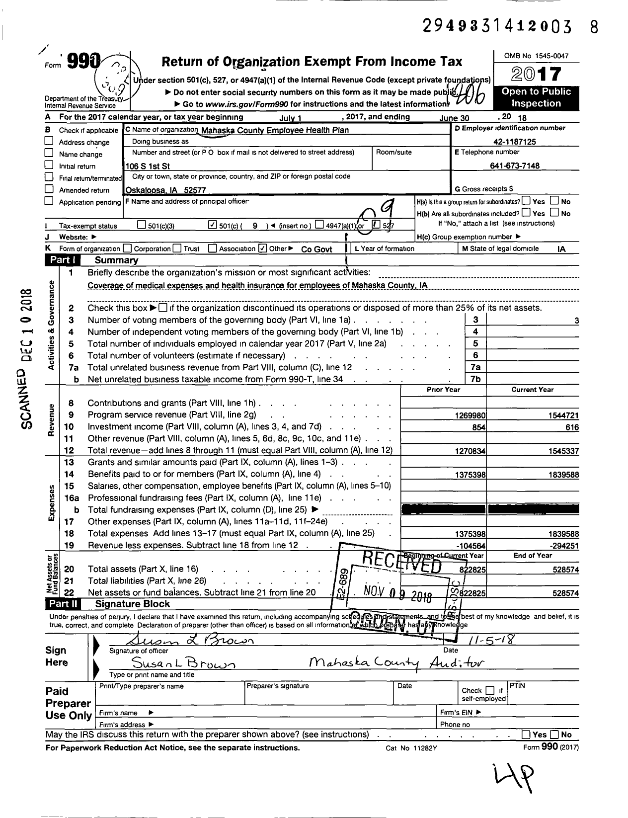 Image of first page of 2017 Form 990O for Mahaska County Employee Health Plan