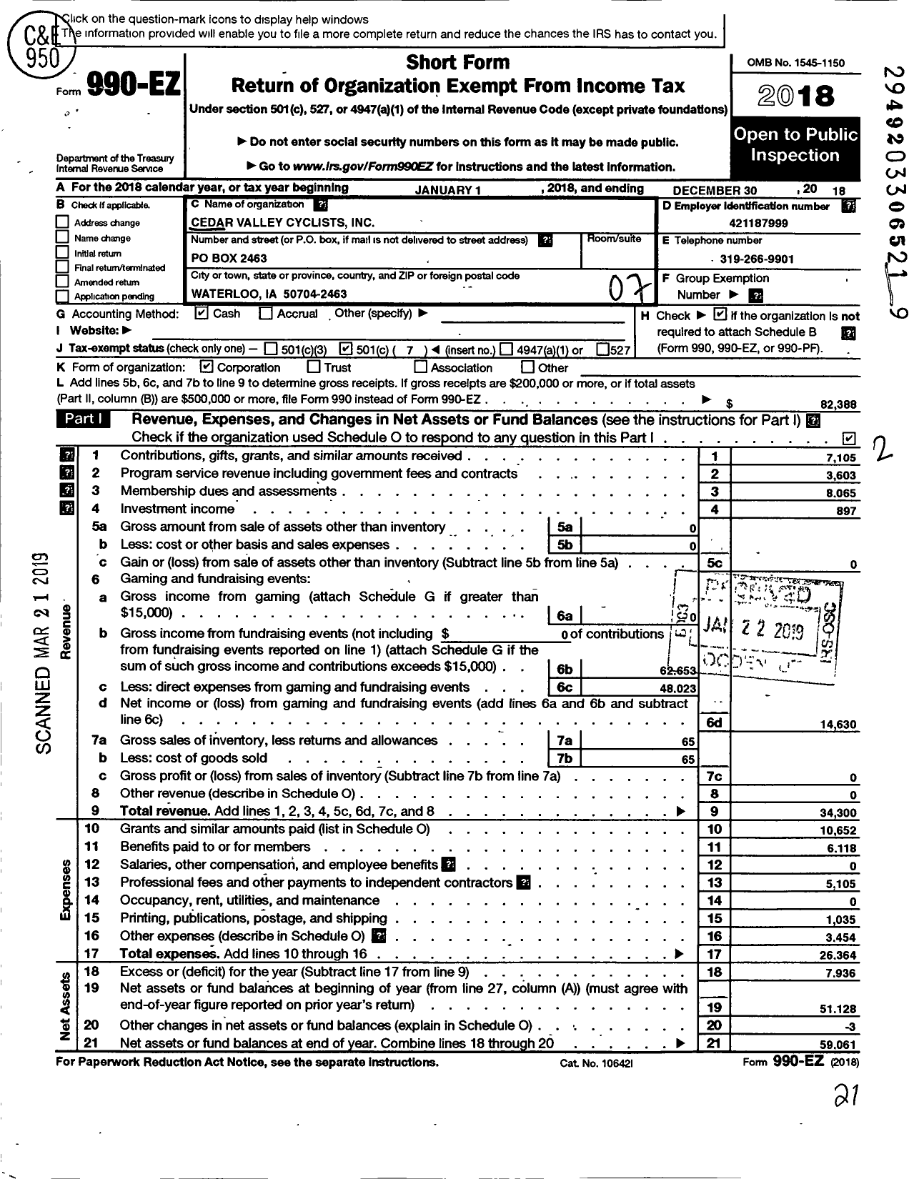 Image of first page of 2018 Form 990EO for Cedar Valley Cyclists