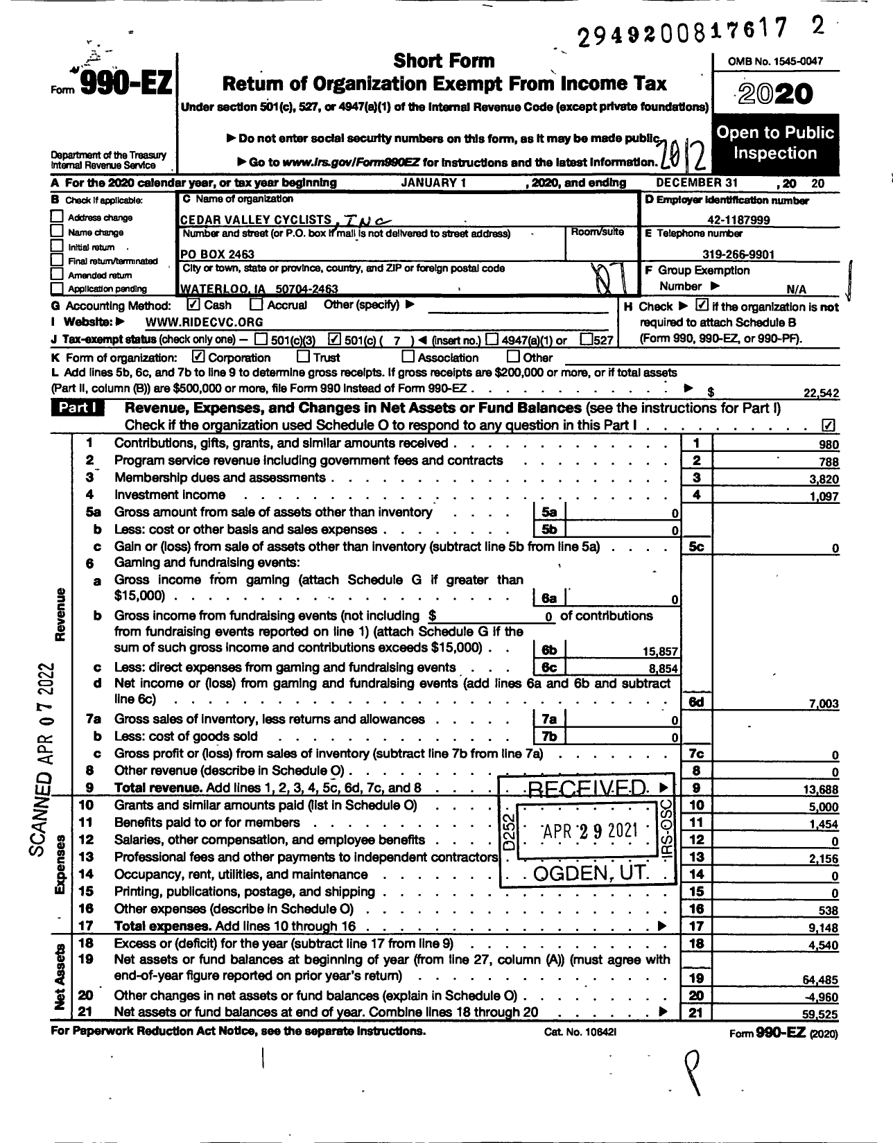 Image of first page of 2020 Form 990EO for Cedar Valley Cyclists