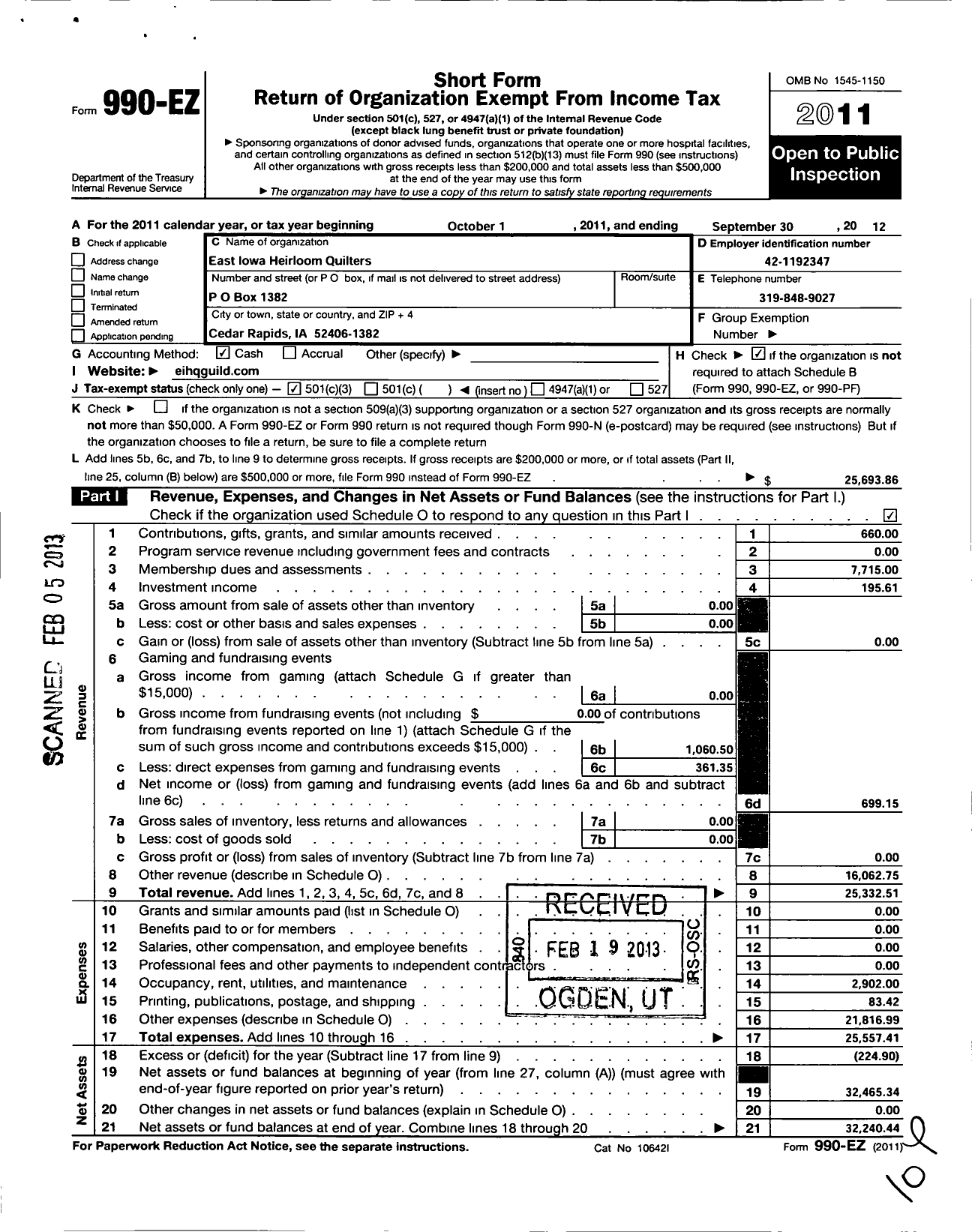 Image of first page of 2011 Form 990EZ for East Iowa Heirloom Quilters