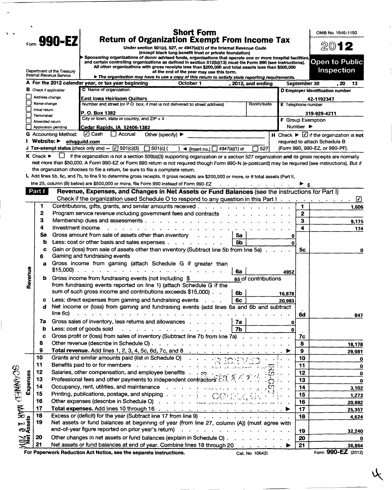 Image of first page of 2012 Form 990EZ for East Iowa Heirloom Quilters