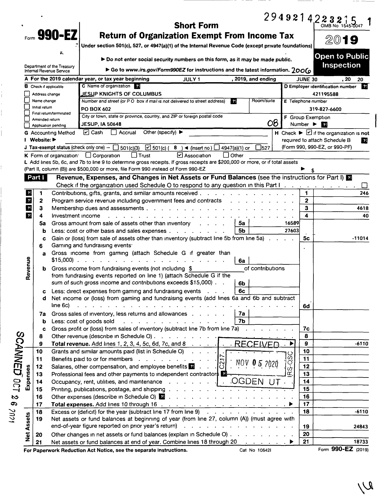 Image of first page of 2019 Form 990EO for Knights of Columbus - 822 Father Clarence A Ferring Counc