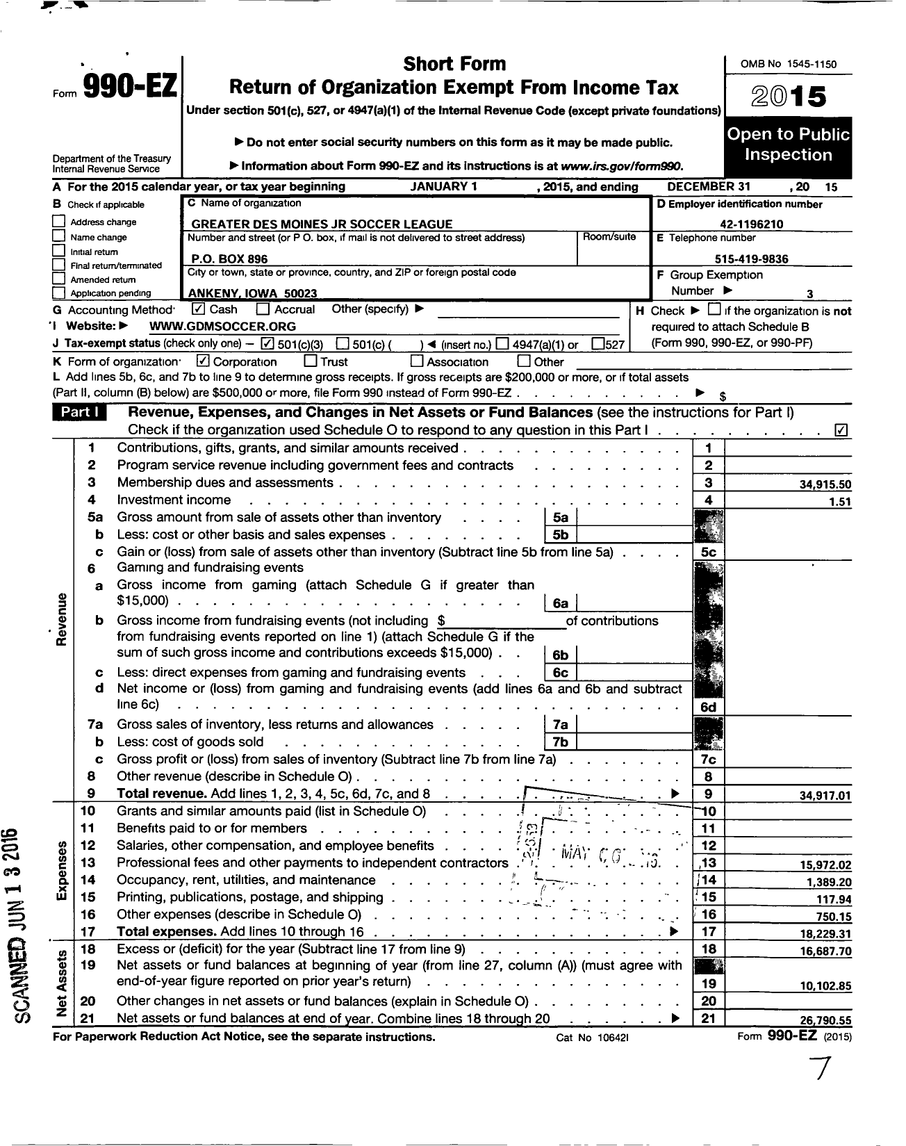 Image of first page of 2015 Form 990EZ for Greater Des Moines Junior Soccer League