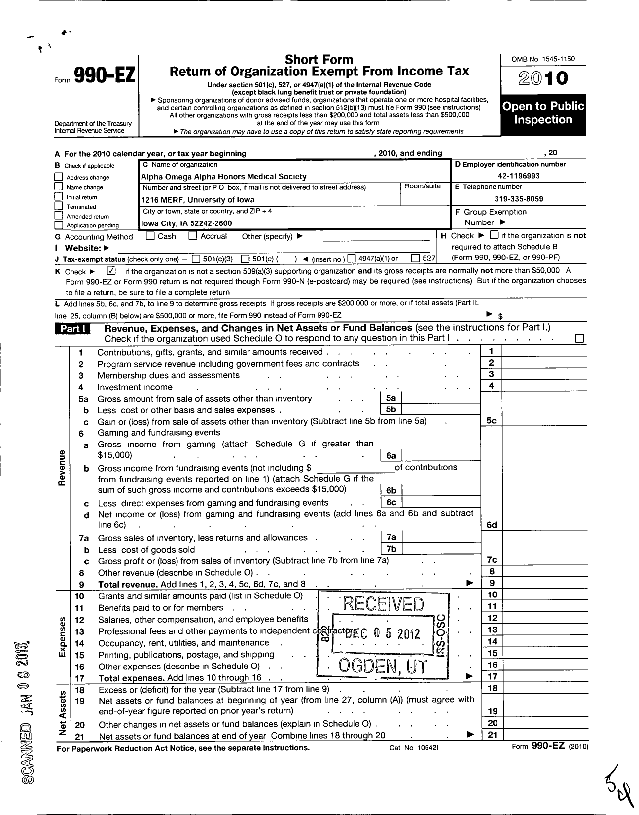 Image of first page of 2010 Form 990EO for Alpha Omega Alpha Honor Medical Society - 24 Iowa Chapter University of Iowa