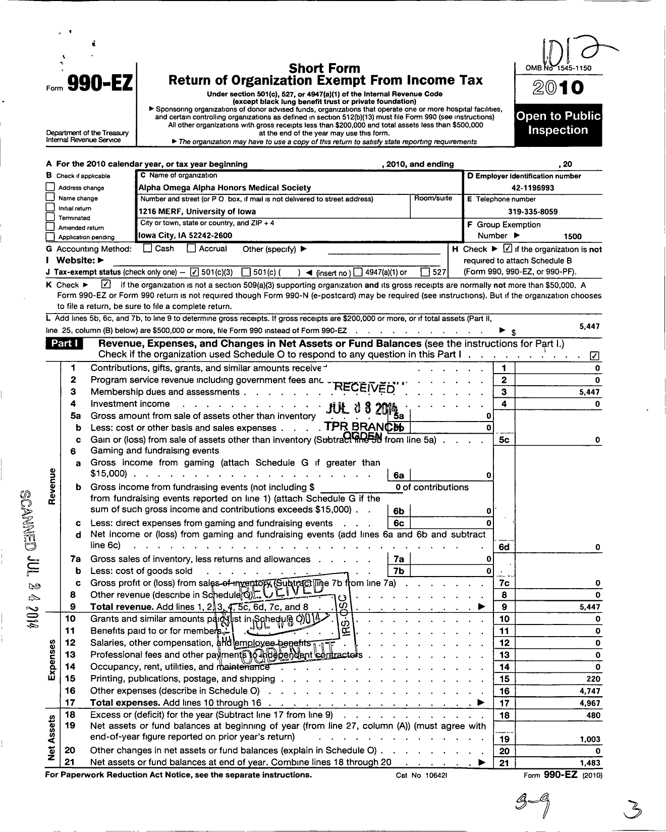 Image of first page of 2010 Form 990EZ for Alpha Omega Alpha Honor Medical Society - 24 Iowa Chapter University of Iowa