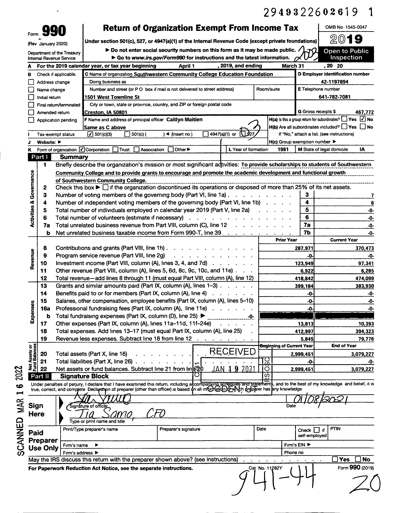 Image of first page of 2019 Form 990 for Southwestern Community College Education Foundation
