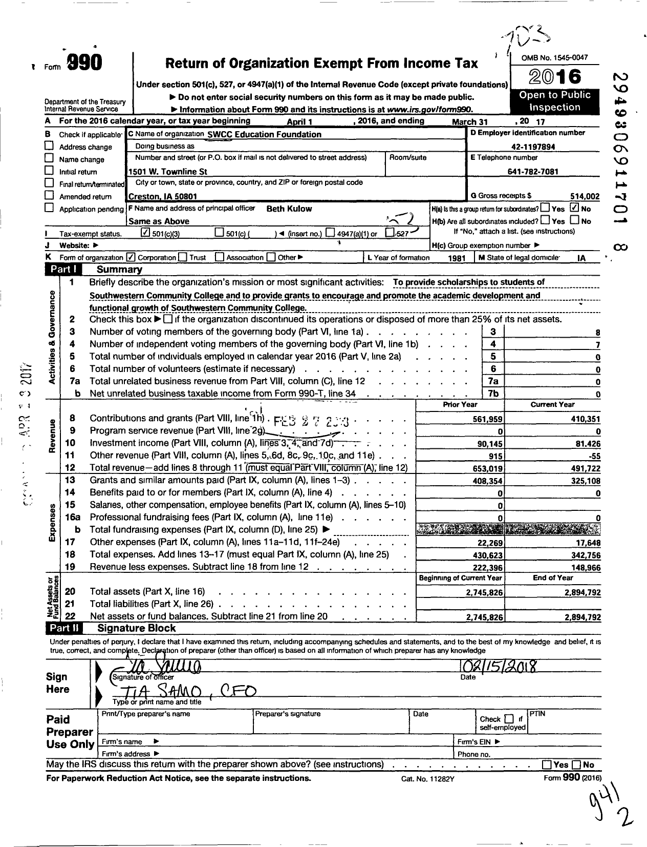 Image of first page of 2016 Form 990 for Southwestern Community College Education Foundation