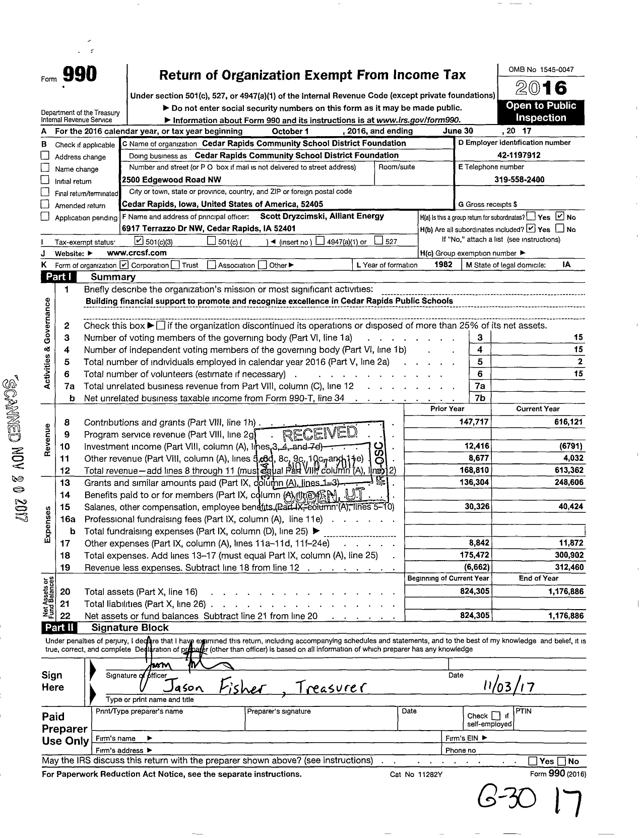 Image of first page of 2016 Form 990 for Cedar Rapids Community Schools Foundation