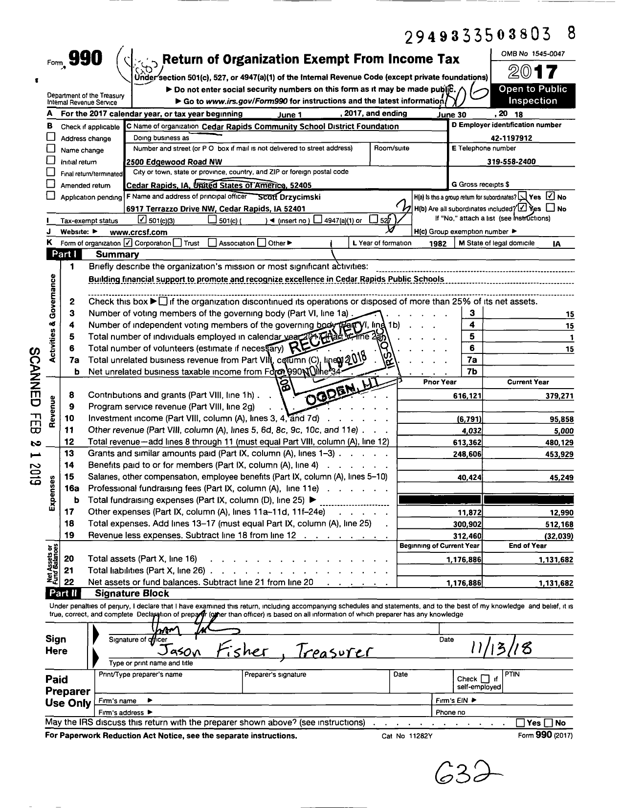 Image of first page of 2017 Form 990 for Cedar Rapids Community Schools Foundation