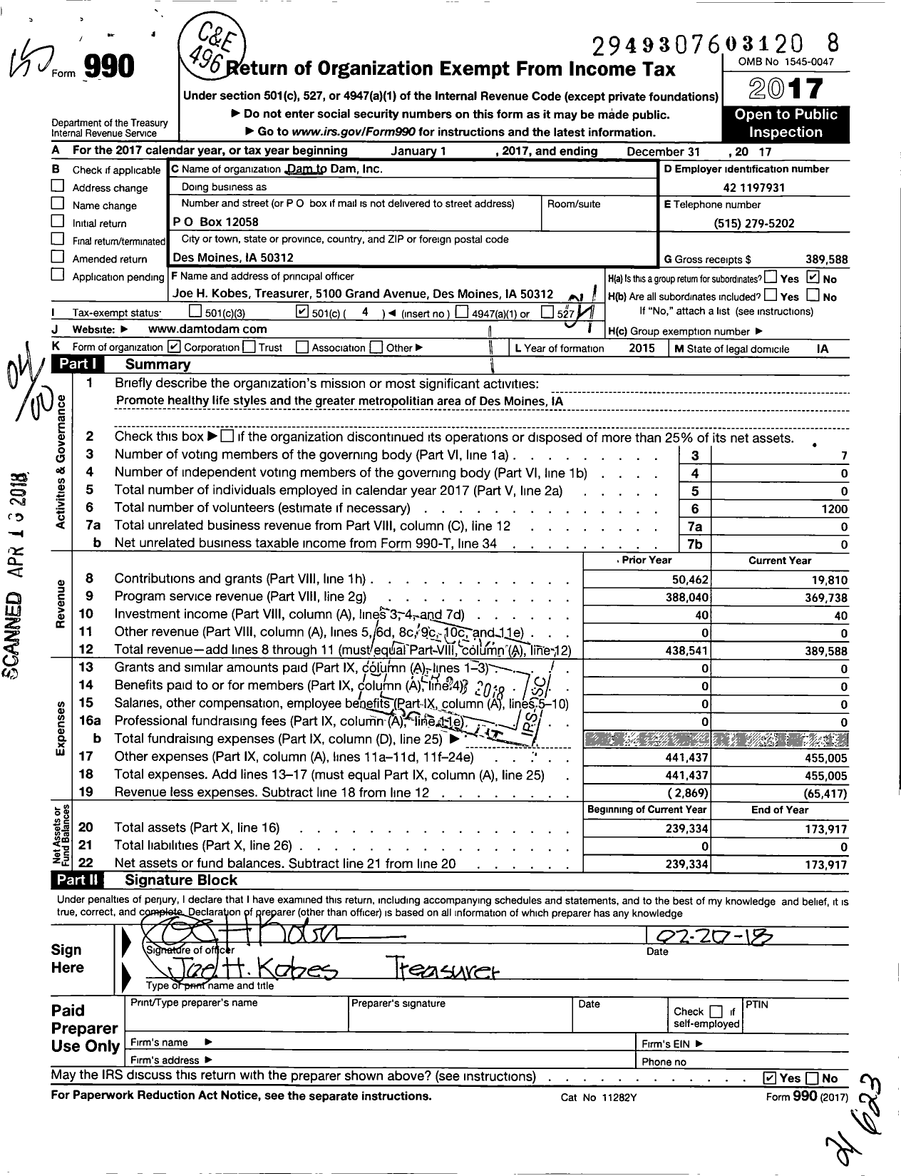 Image of first page of 2017 Form 990O for Dam To Dam