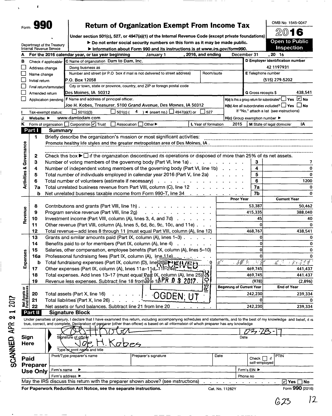 Image of first page of 2016 Form 990O for Dam To Dam