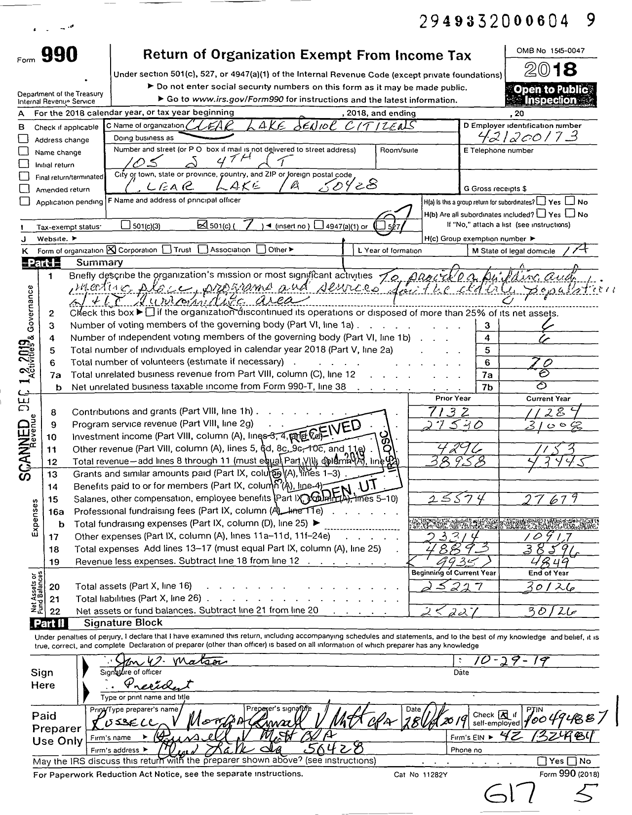 Image of first page of 2018 Form 990O for Clear Lake Senior Citizens Club