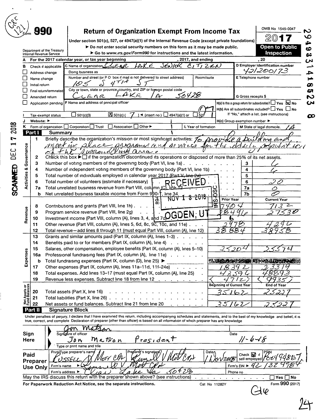 Image of first page of 2017 Form 990O for Clear Lake Senior Citizens Club